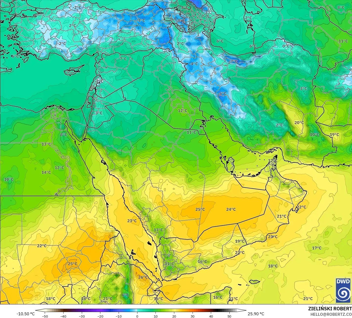ICON modelo - Oriente Medio, Temperatura a 850 hPa