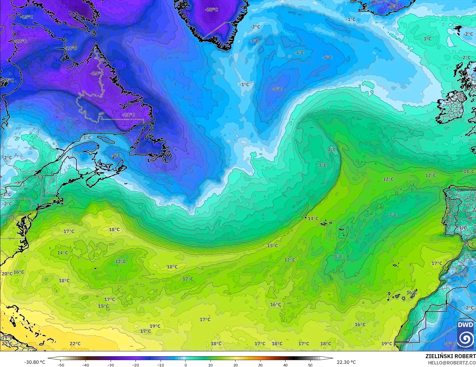 ICON modelo - Norte Atlántico, Punto de rocío a 2 m