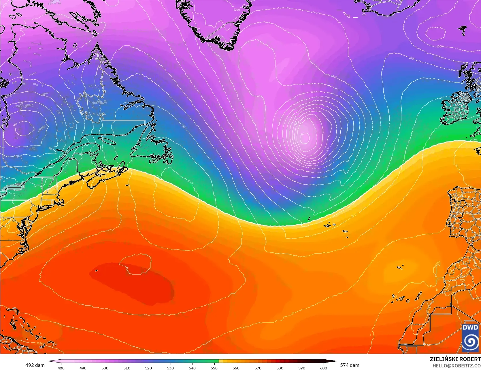 ICON modelo - Norte Atlántico, Altura geopotencial a 500 hPa