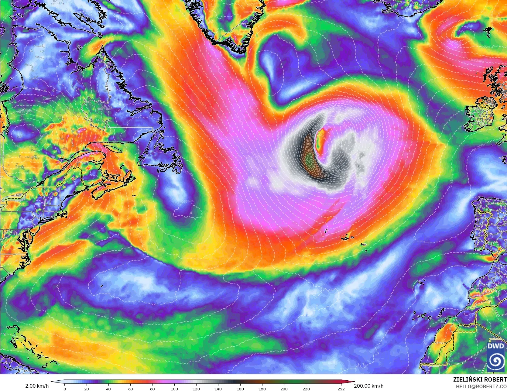ICON modelo - Norte Atlántico, Ráfagas de Viento Máximas