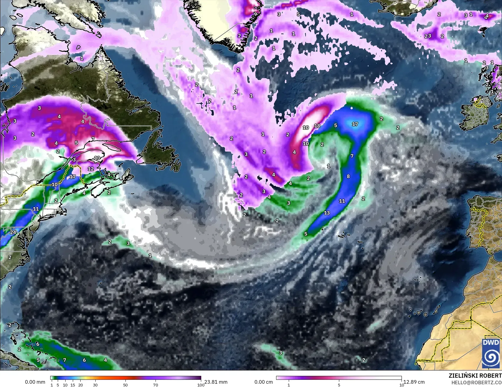ICON modelo - Norte Atlántico, Precipitación, nubes y presión