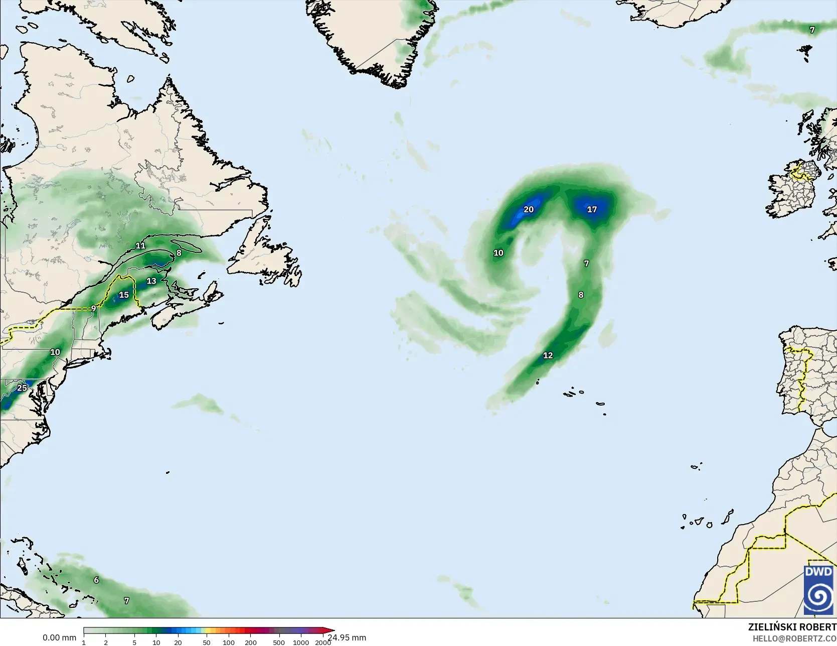 ICON modelo - Norte Atlántico, Acumulación de precipitación