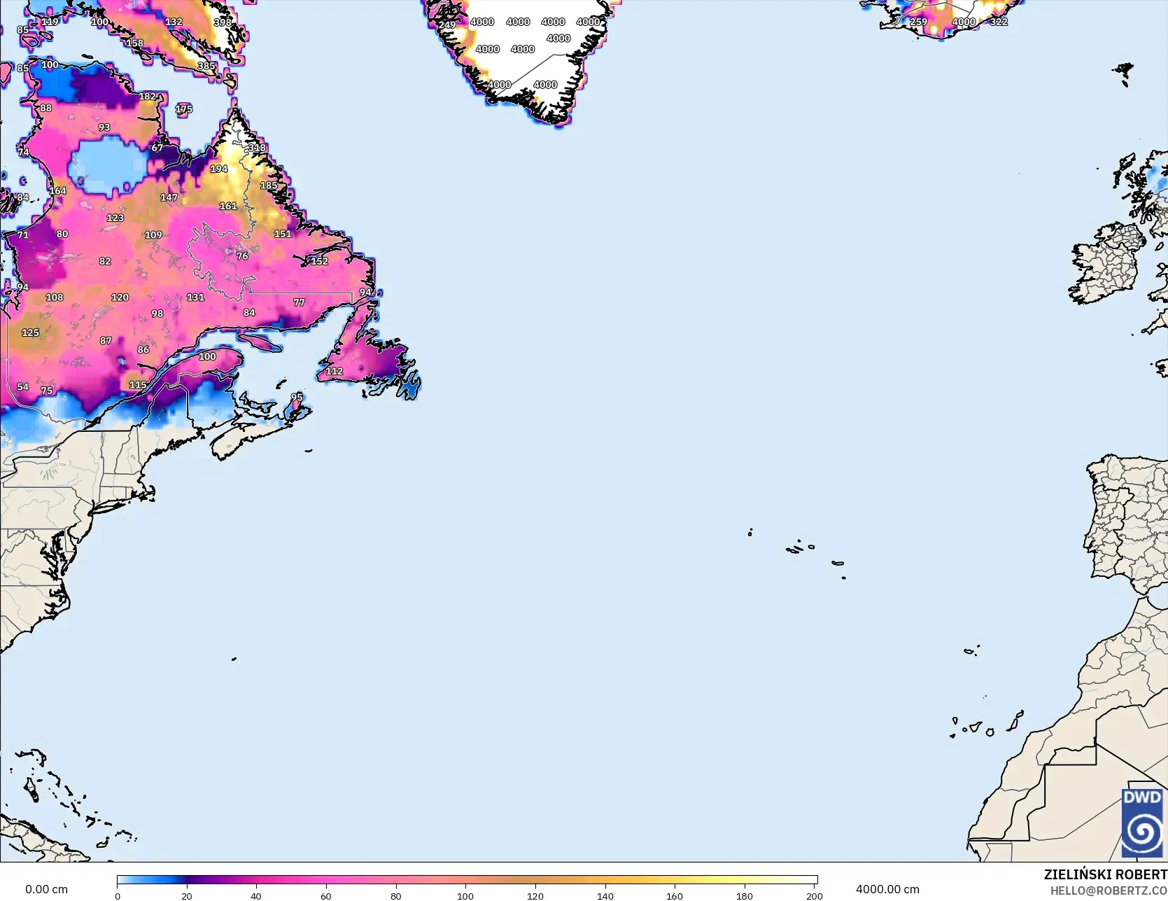 ICON modelo - Norte Atlántico, Profundidad de nieve