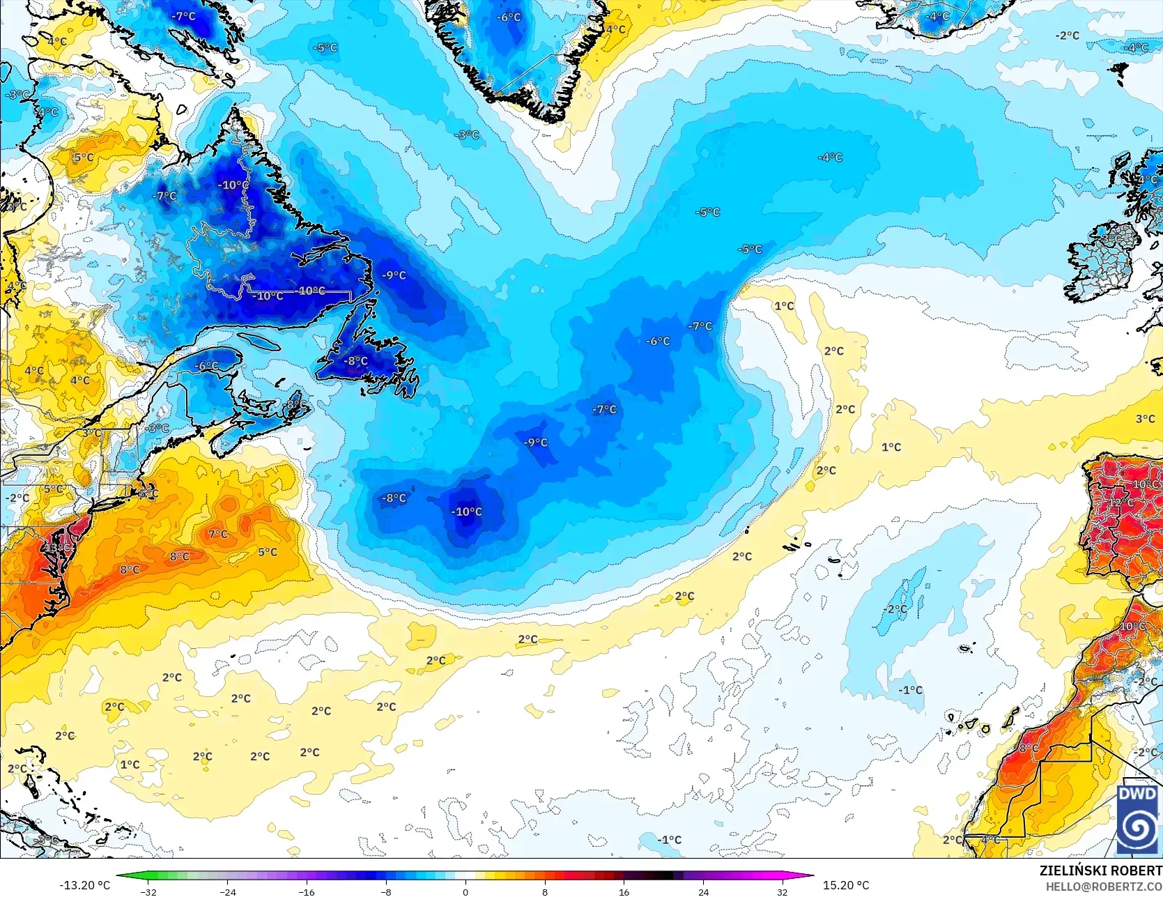 ICON modelo - Norte Atlántico, Anomalía de temperatura a 2 m