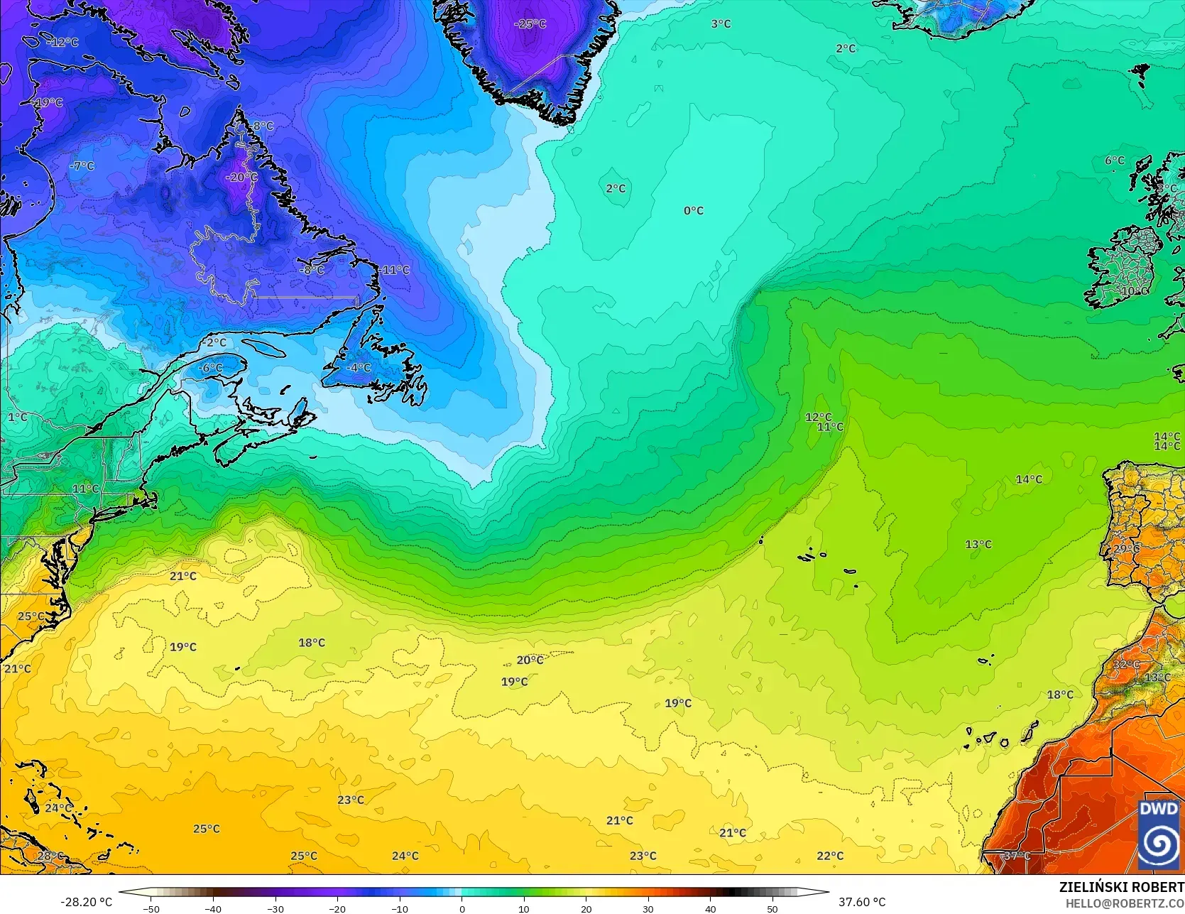 ICON modelo - Norte Atlántico, Temperatura a 2 m