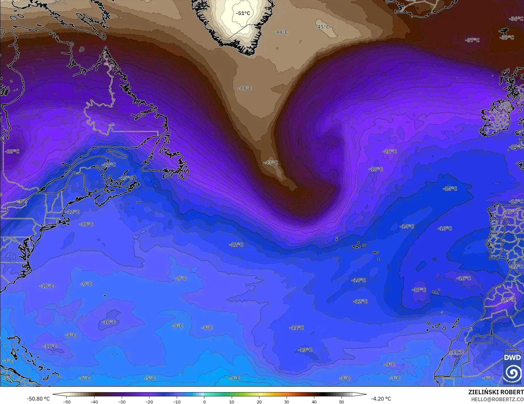 ICON modelo - Norte Atlántico, Temperatura a 500 hPa