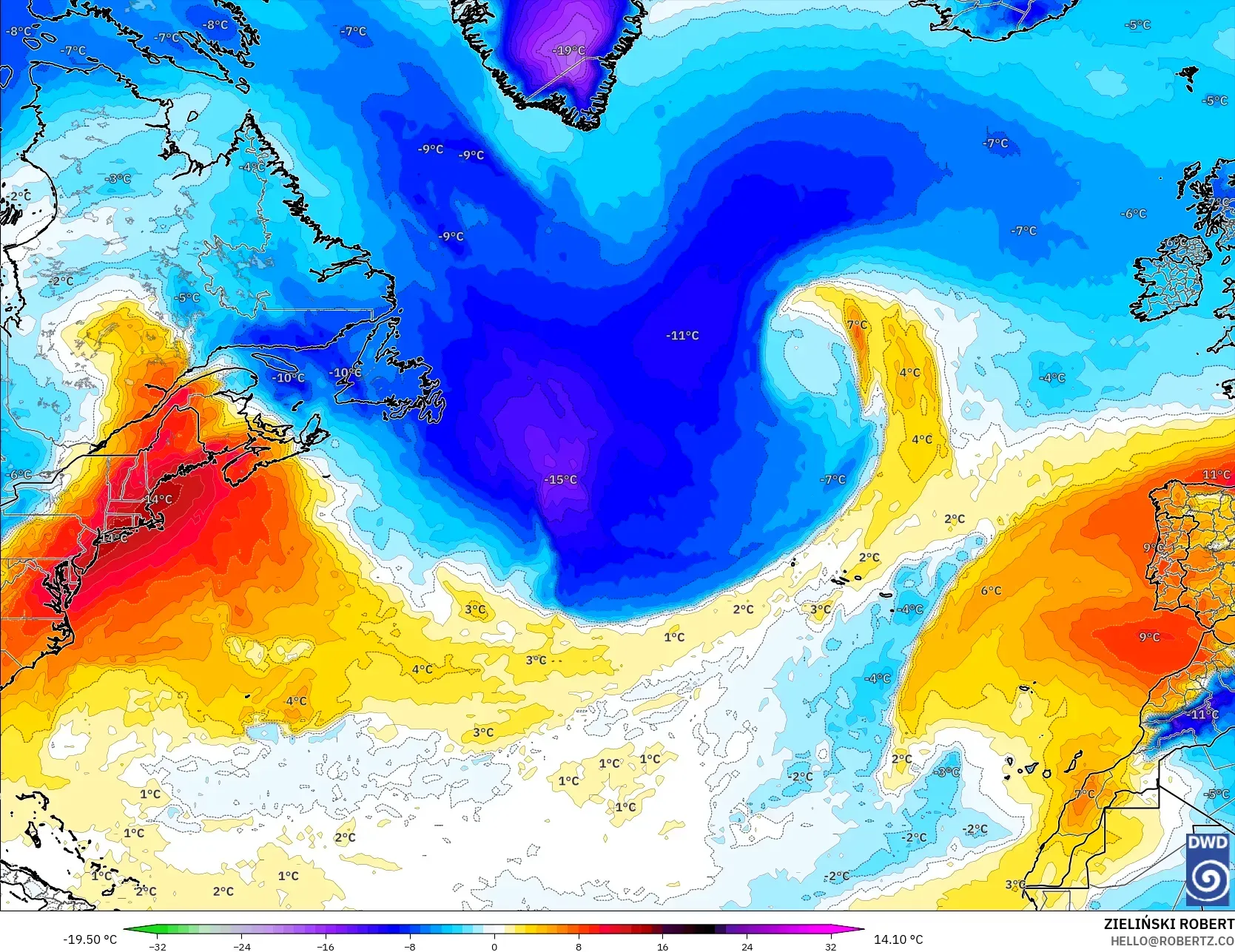 ICON modelo - Norte Atlántico, Anomalía de temperatura a 850 hPa