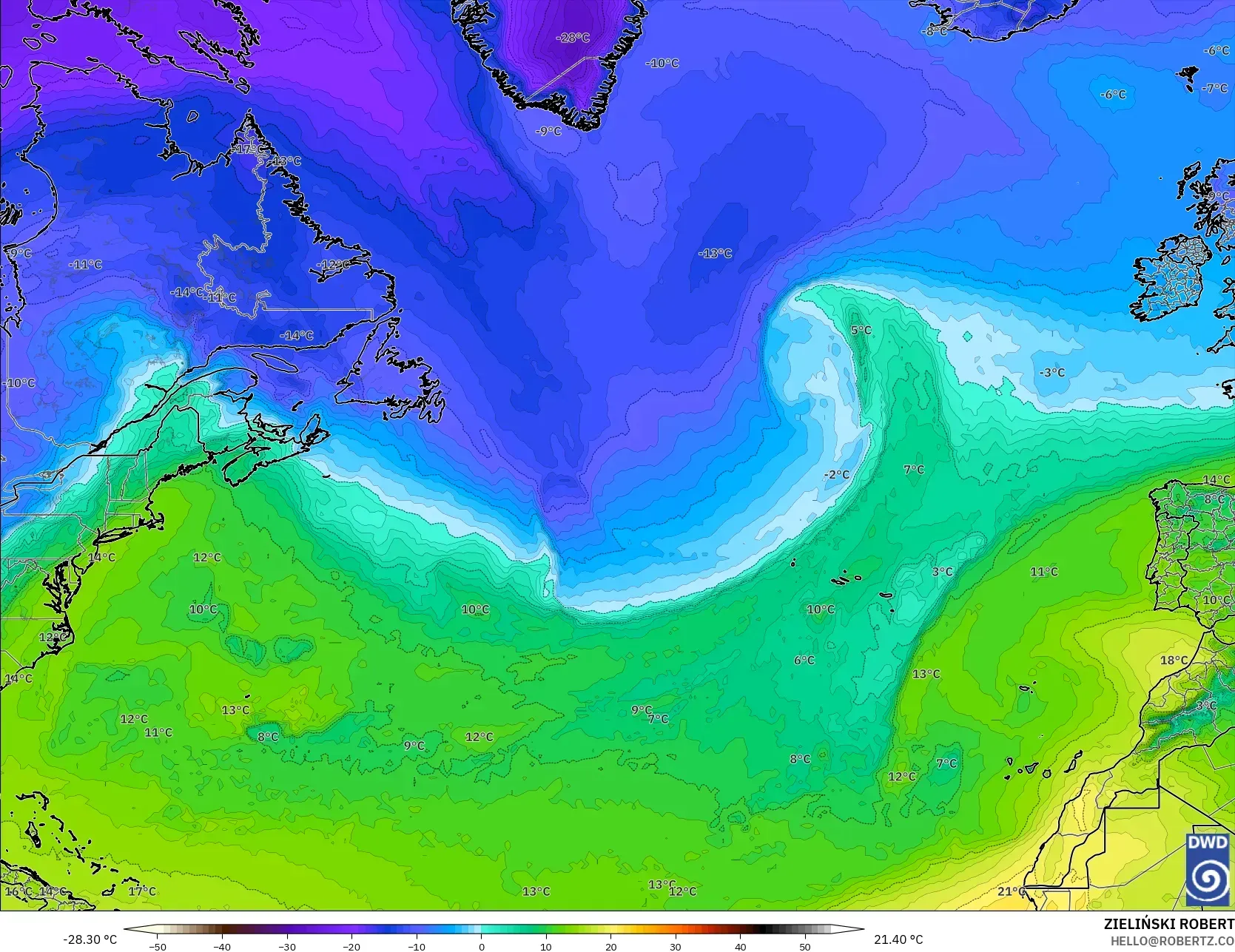 ICON modelo - Norte Atlántico, Temperatura a 850 hPa