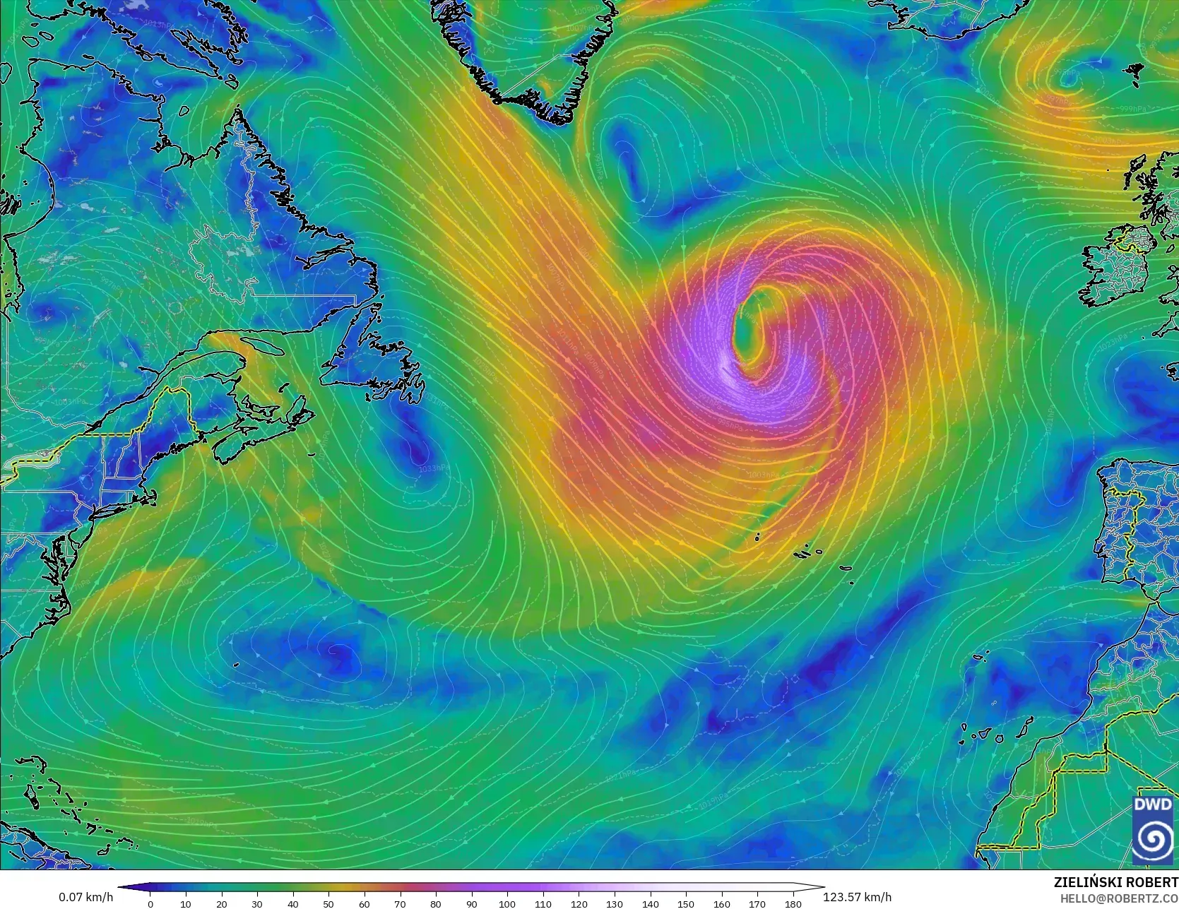 ICON modelo - Norte Atlántico, Viento a 10 m