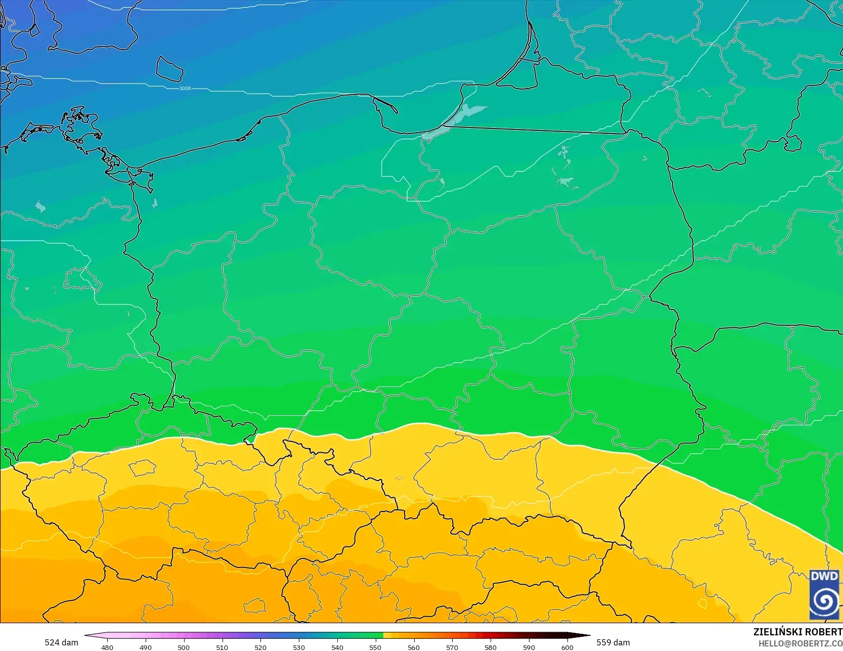 ICON modelo - Polonia, Altura geopotencial a 500 hPa