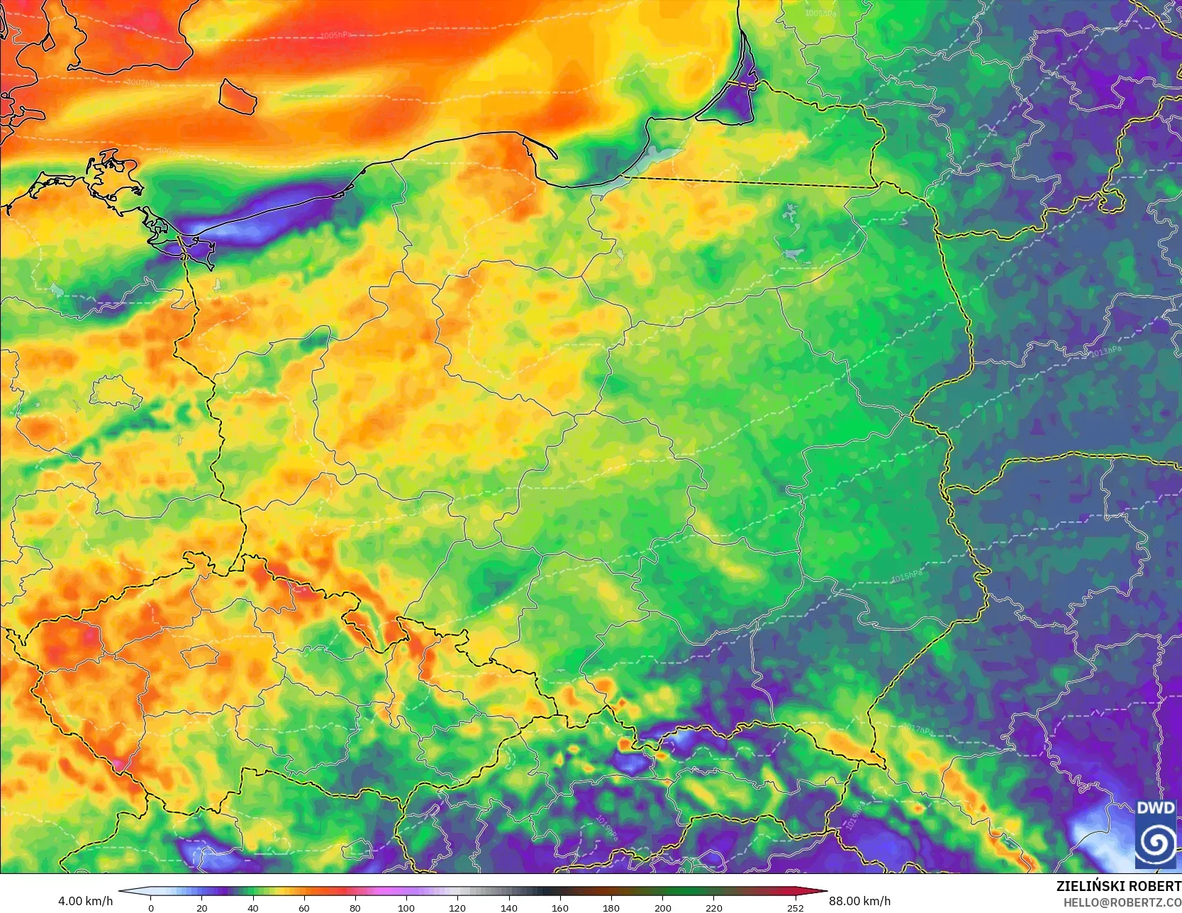 ICON modelo - Polonia, Ráfagas de Viento Máximas