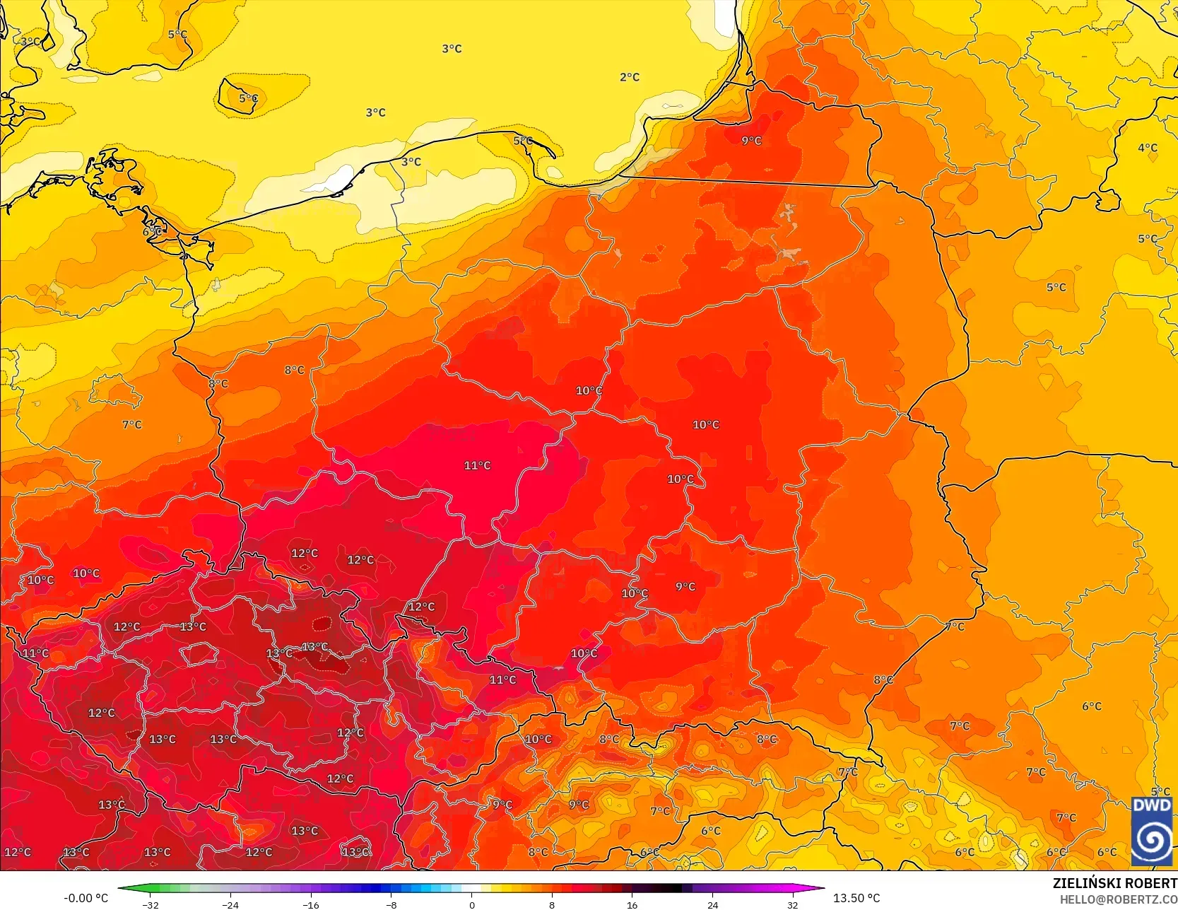 ICON modelo - Polonia, Anomalía de temperatura a 2 m