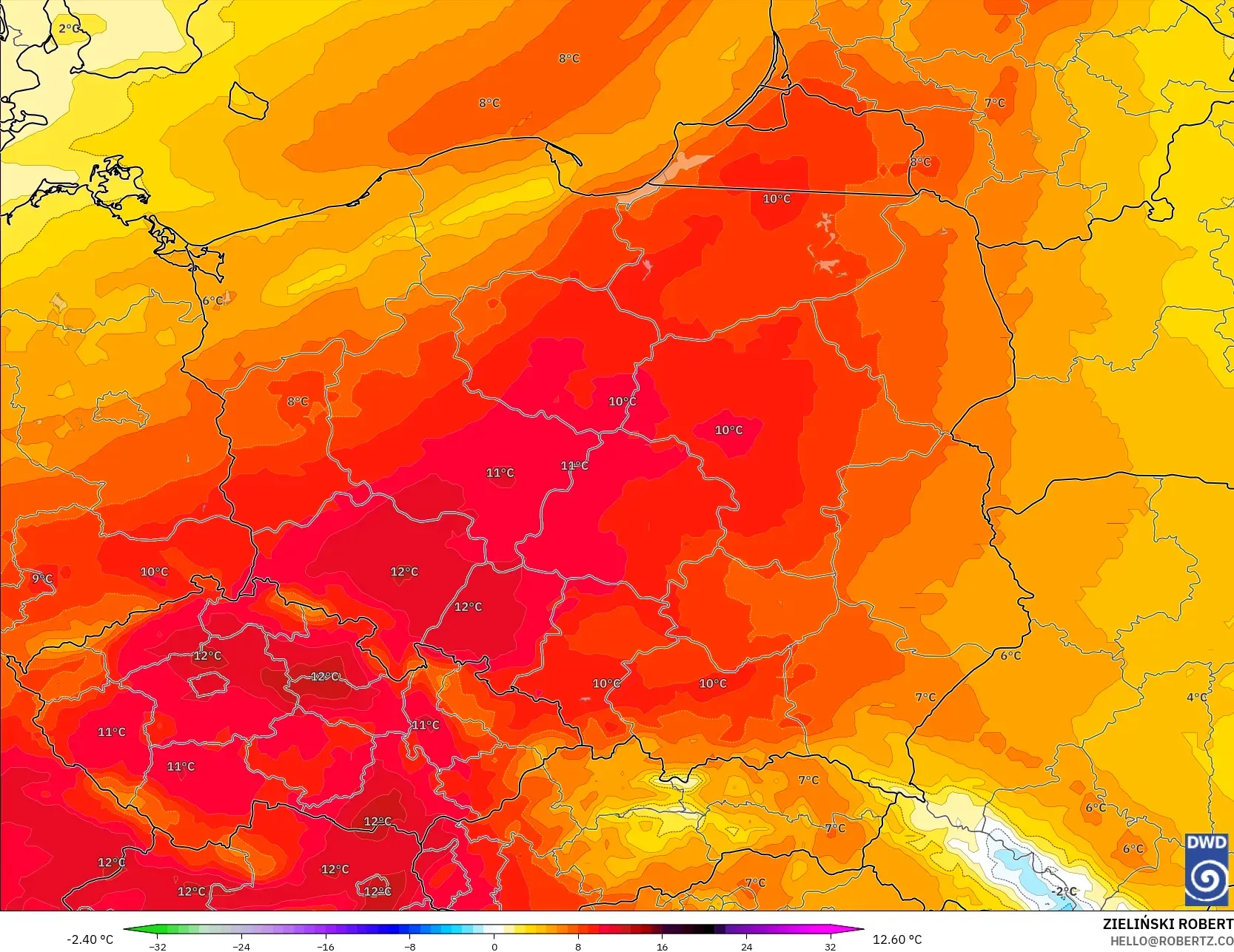 ICON modelo - Polonia, Anomalía de temperatura a 850 hPa