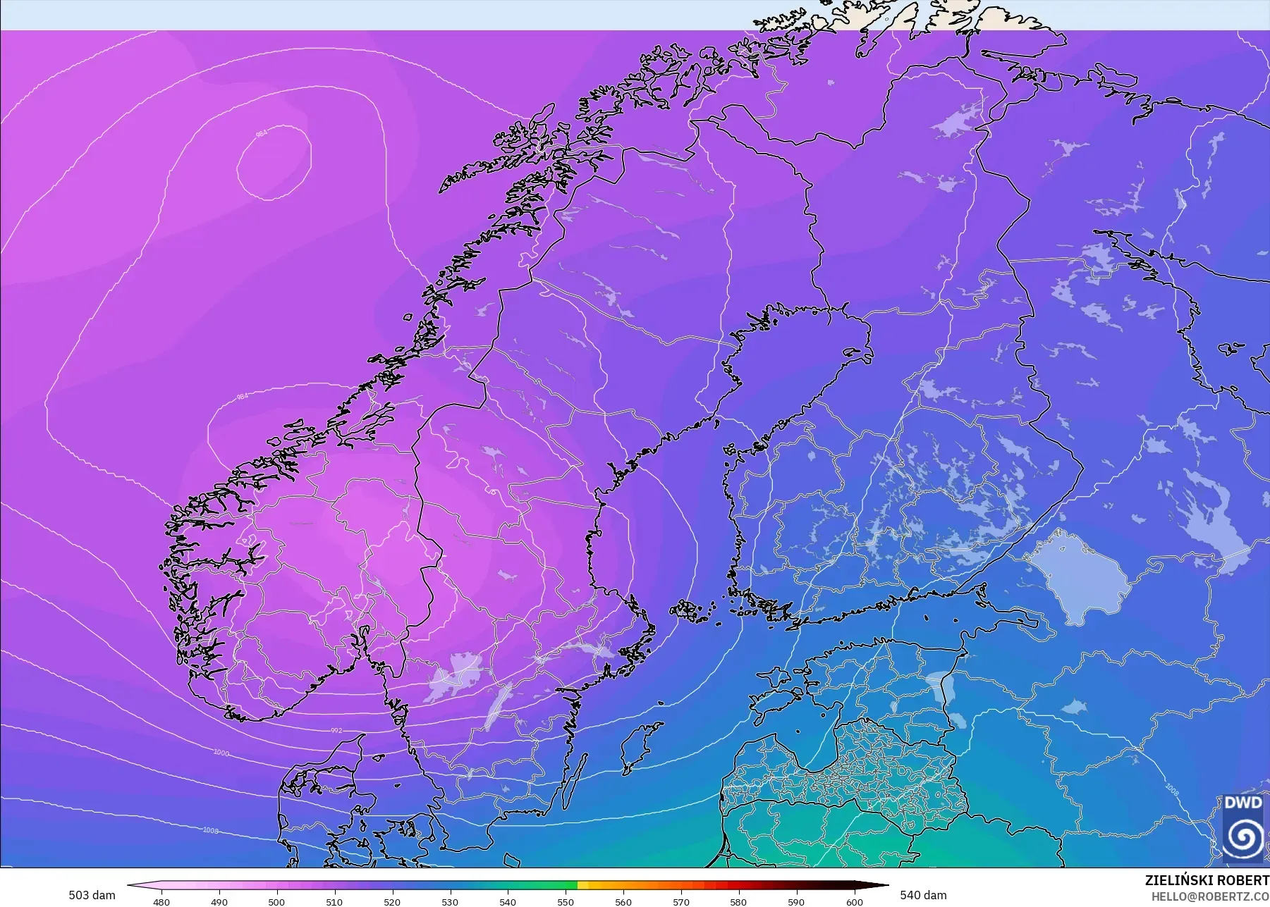 ICON modelo - Escandinavia, Altura geopotencial a 500 hPa
