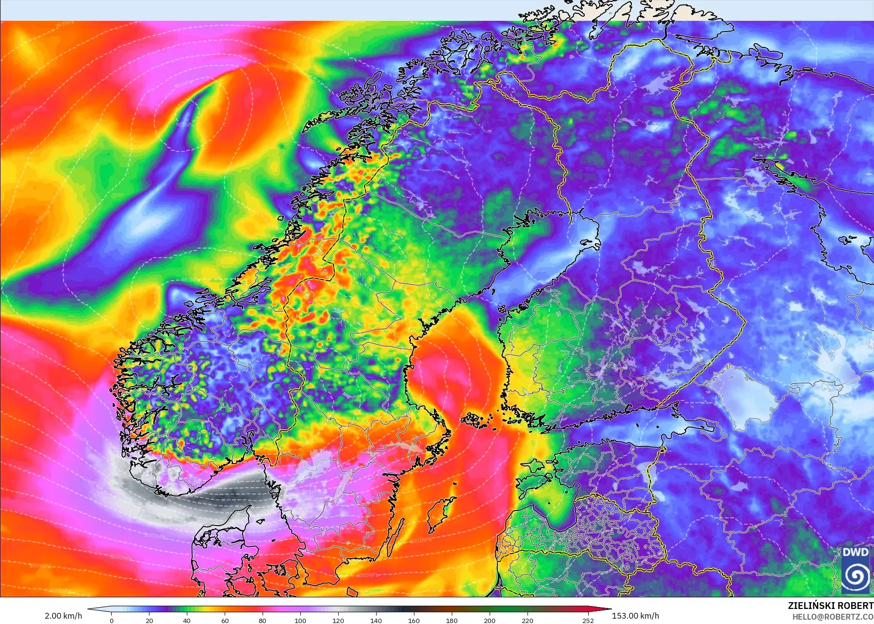 ICON modelo - Escandinavia, Ráfagas de Viento Máximas