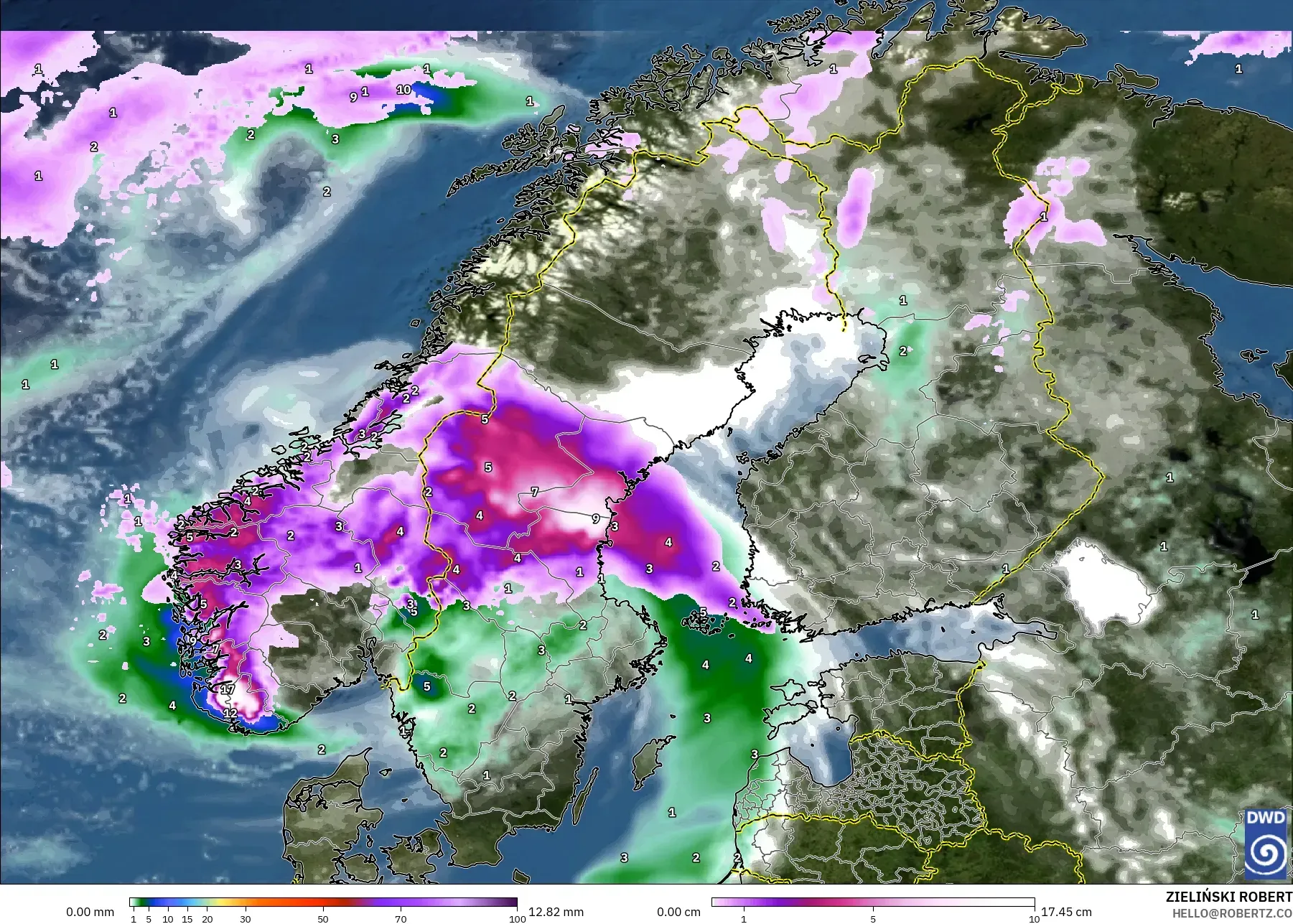 ICON modelo - Escandinavia, Precipitación, nubes y presión