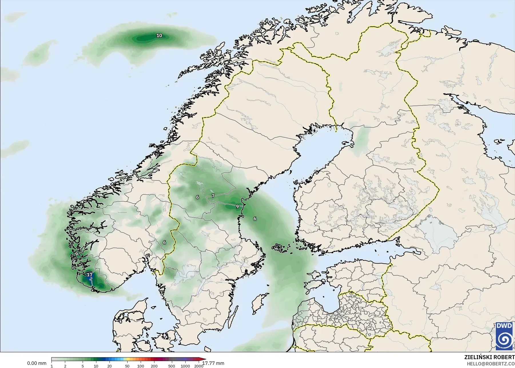 ICON modelo - Escandinavia, Acumulación de precipitación