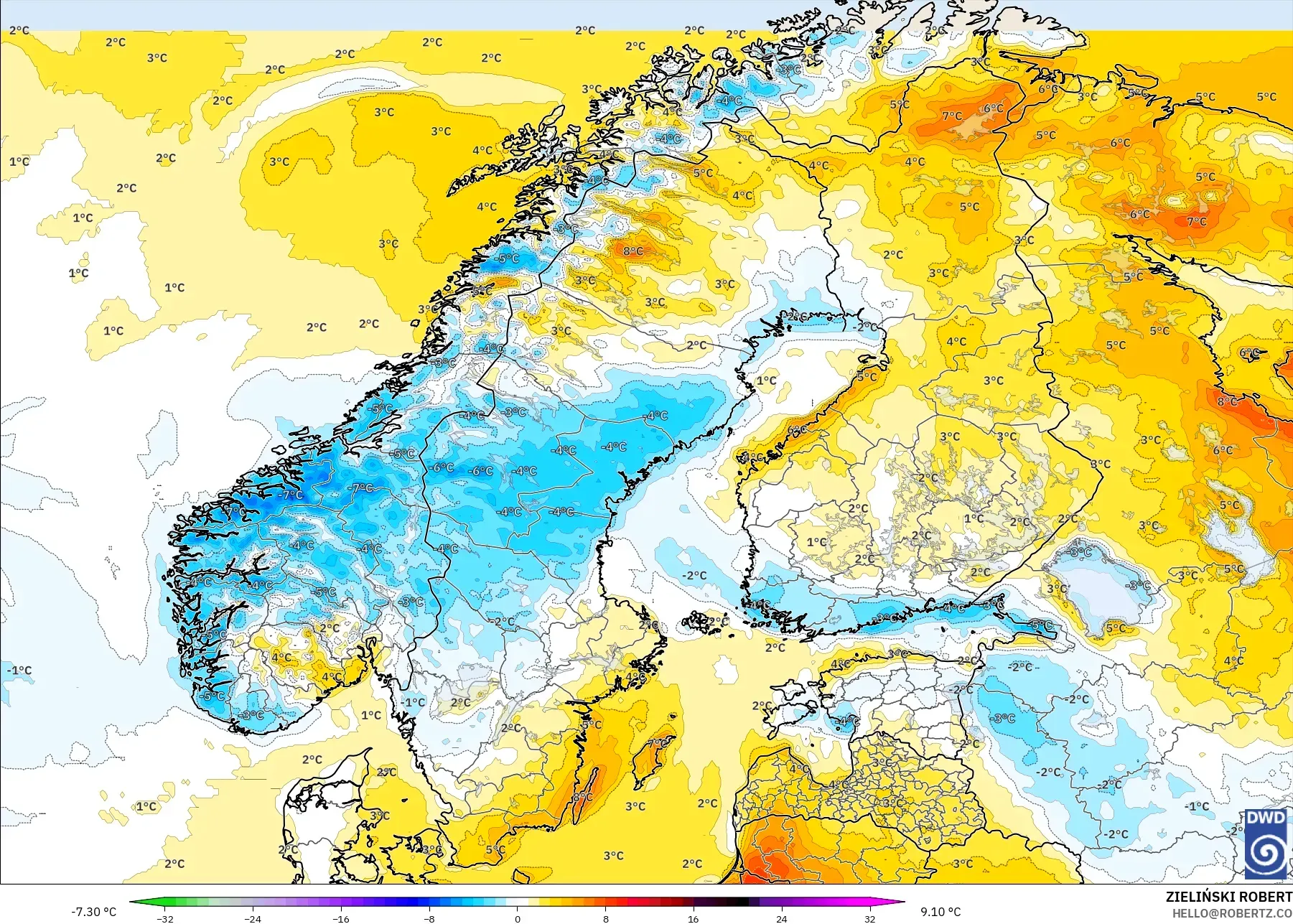 ICON modelo - Escandinavia, Anomalía de temperatura a 2 m