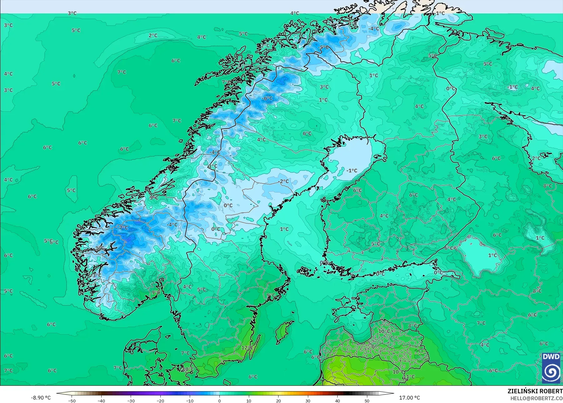 ICON modelo - Escandinavia, Temperatura a 2 m