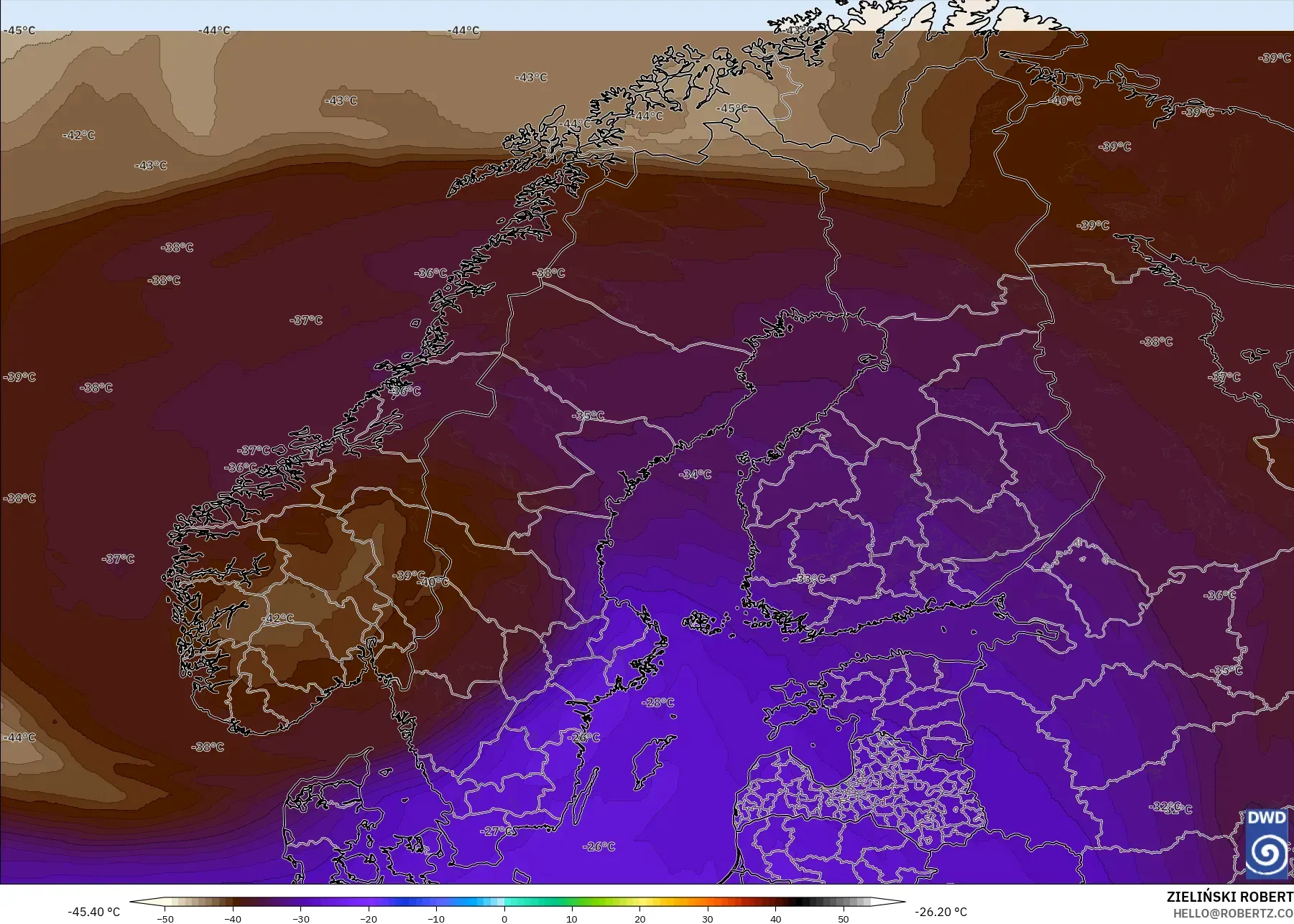 ICON modelo - Escandinavia, Temperatura a 500 hPa
