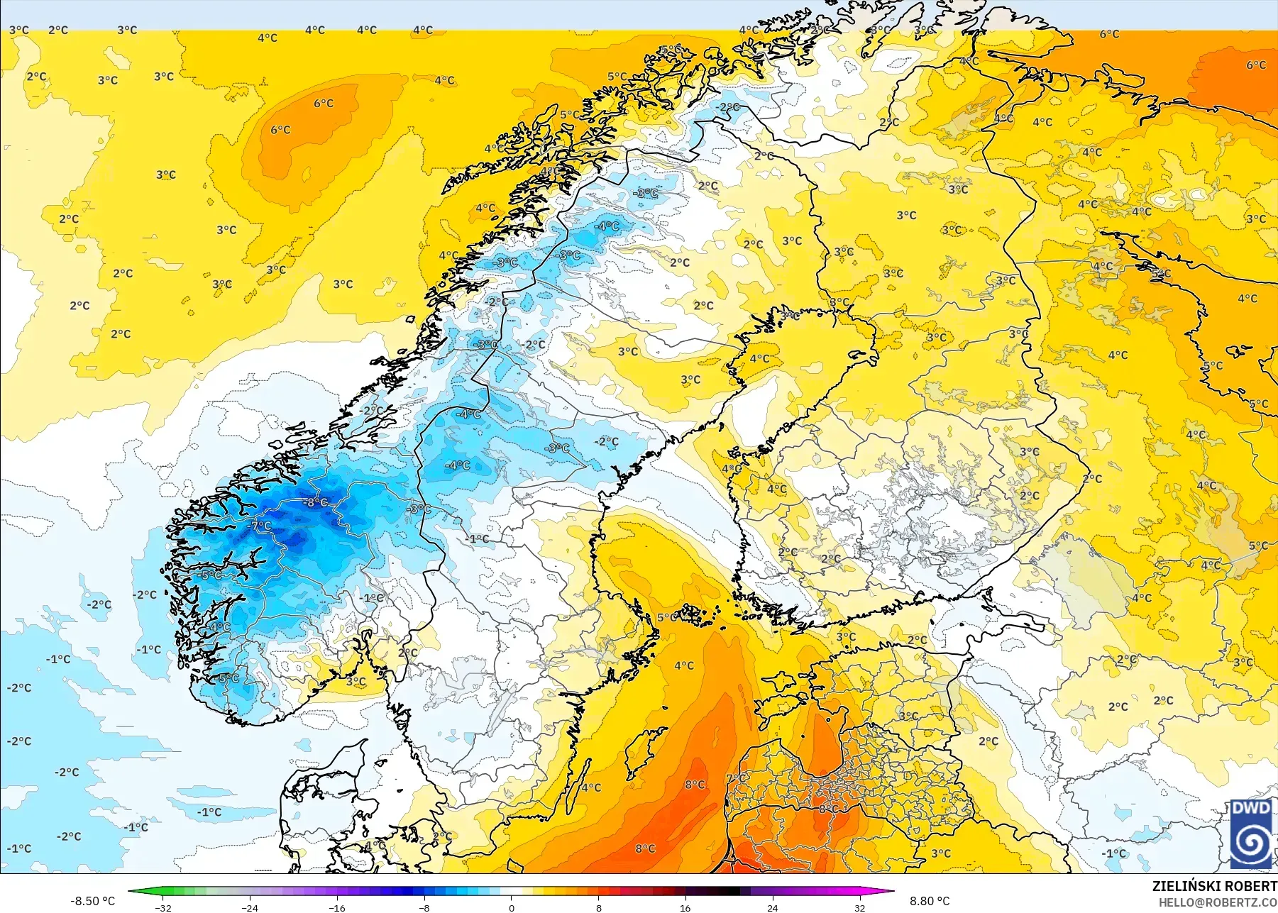 ICON modelo - Escandinavia, Anomalía de temperatura a 850 hPa