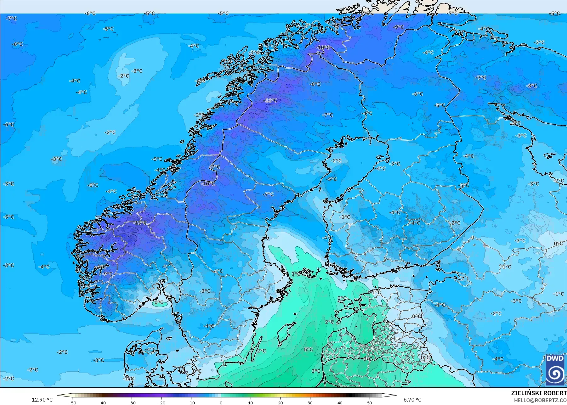 ICON modelo - Escandinavia, Temperatura a 850 hPa