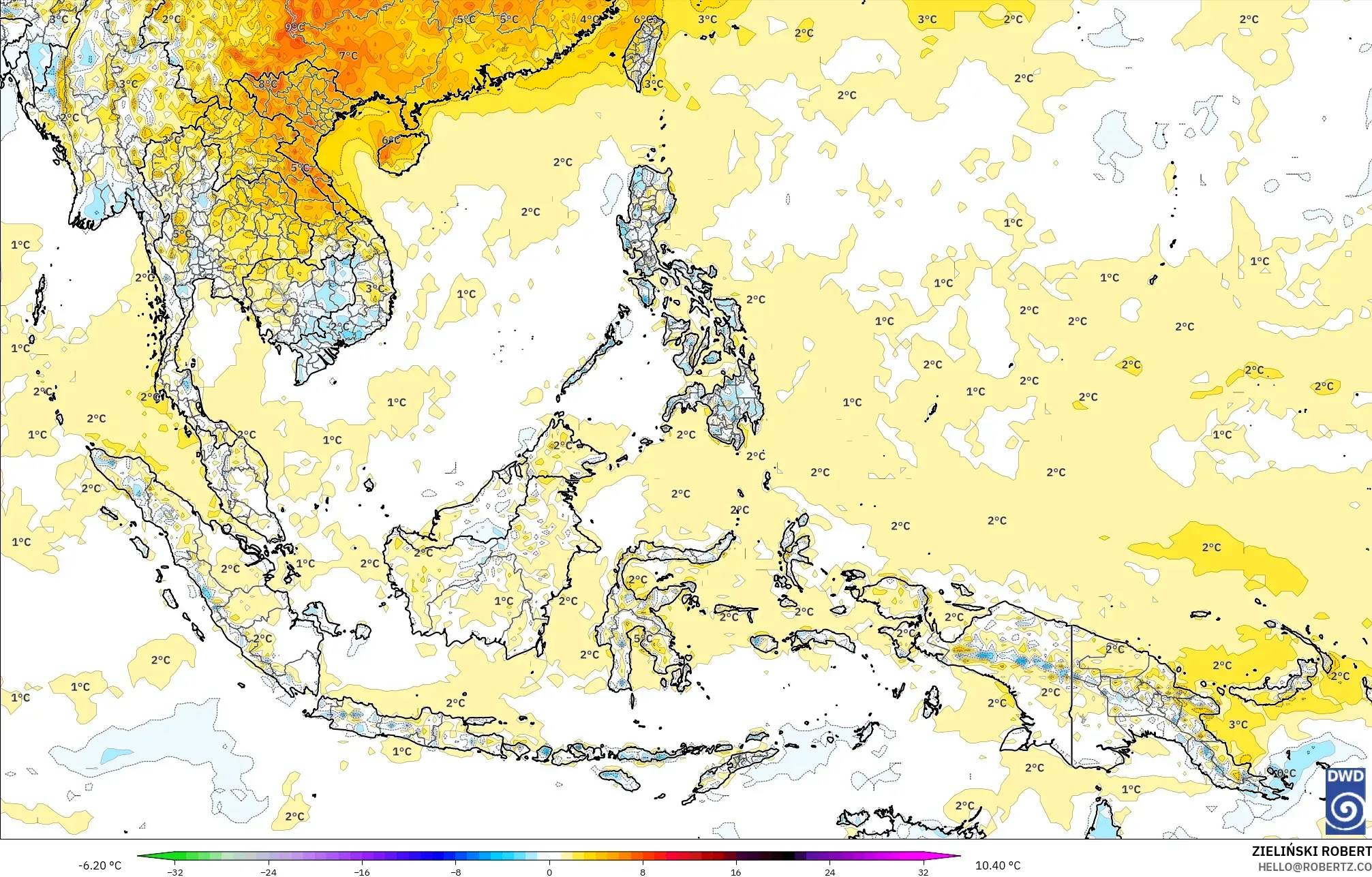 ICON modelo - Sudeste Asiático, Anomalía de temperatura a 2 m