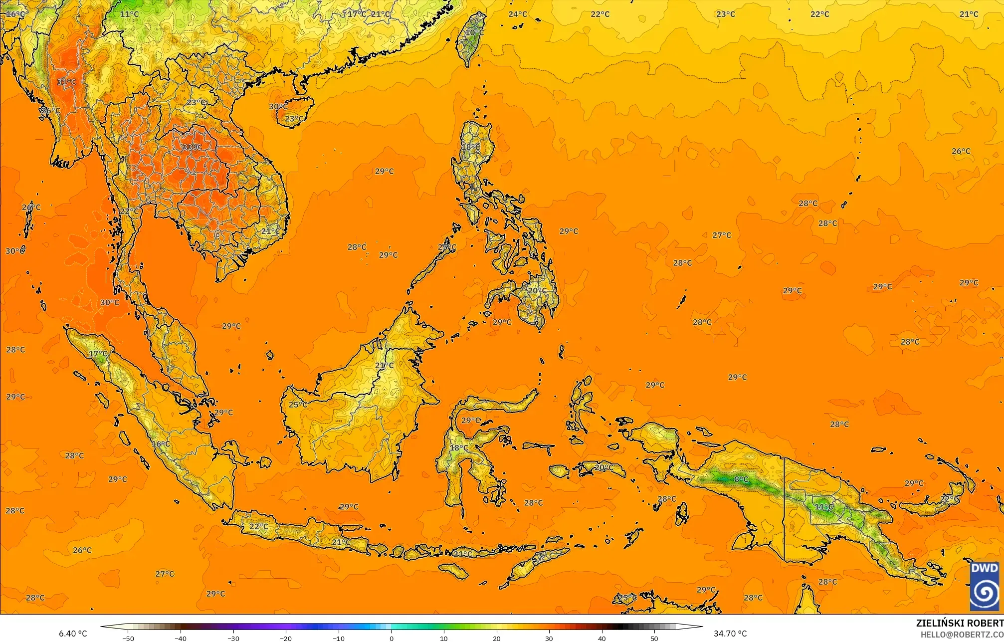 ICON modelo - Sudeste Asiático, Temperatura a 2 m