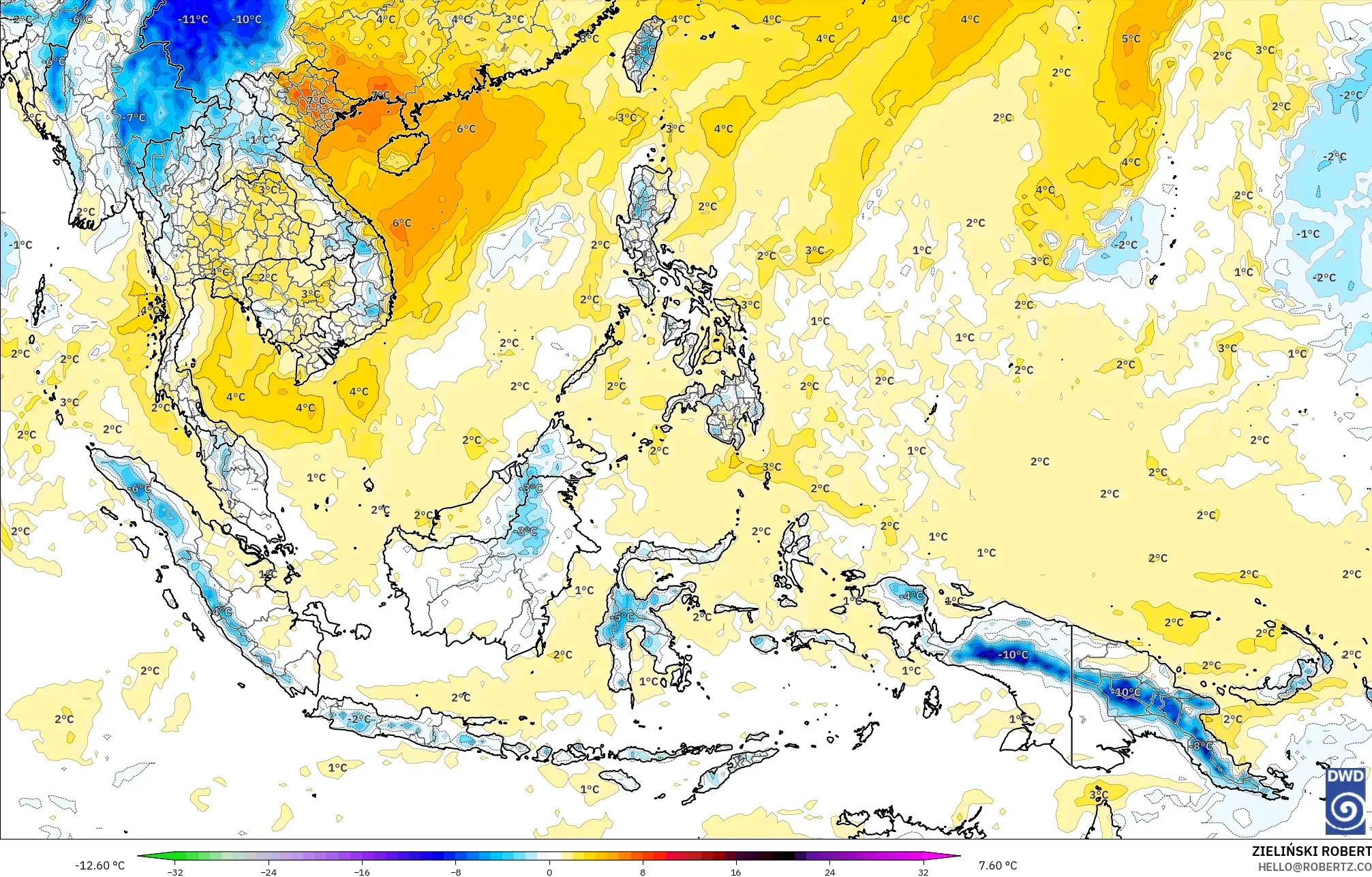 ICON modelo - Sudeste Asiático, Anomalía de temperatura a 850 hPa