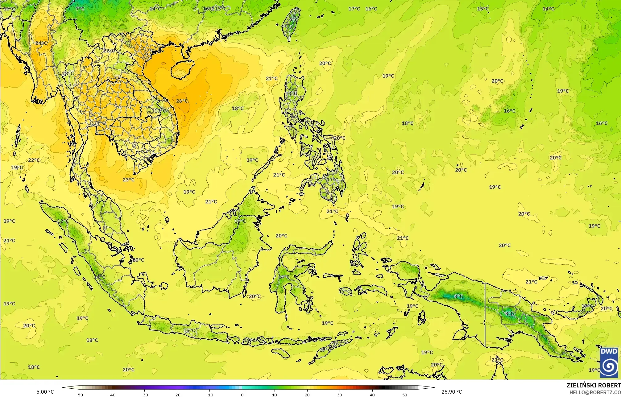 ICON modelo - Sudeste Asiático, Temperatura a 850 hPa