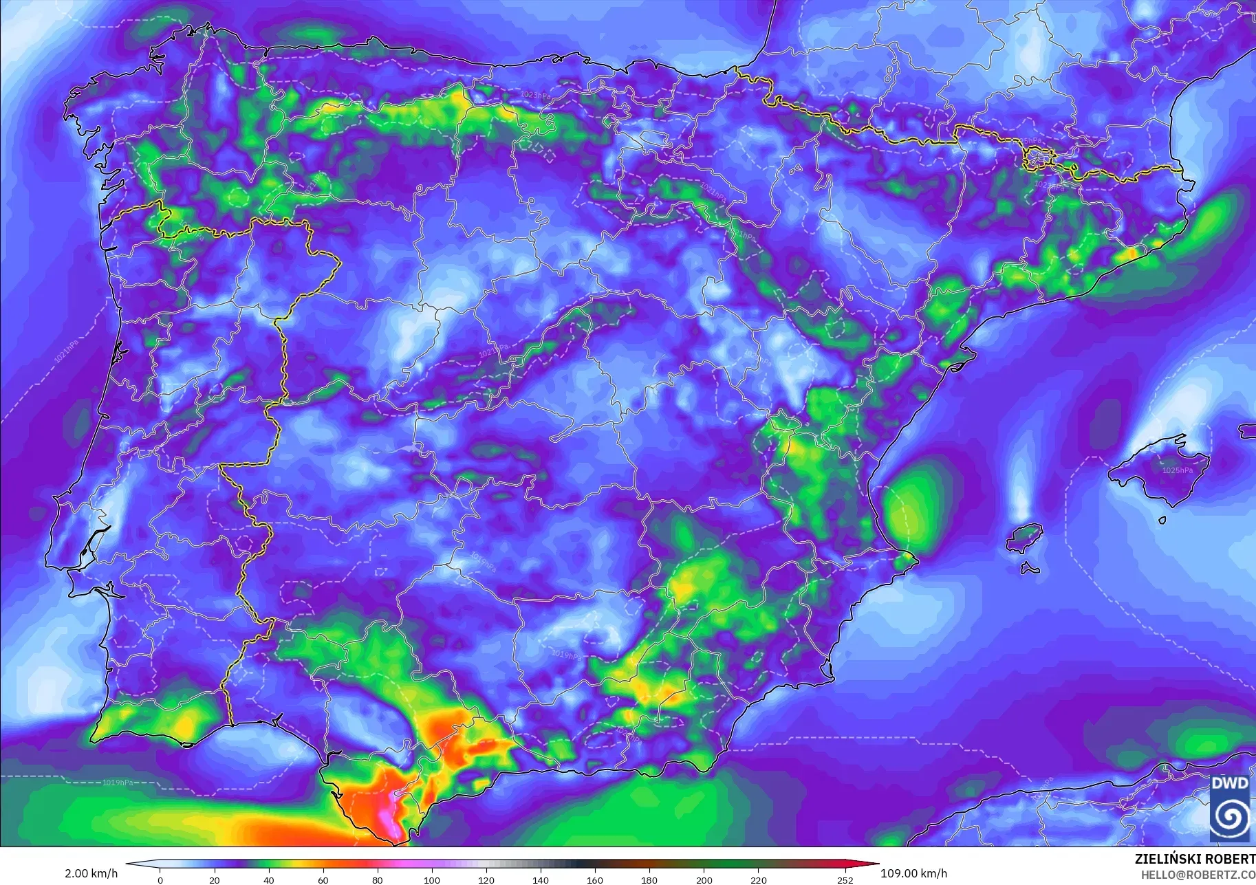 ICON modelo - España, Ráfagas de viento