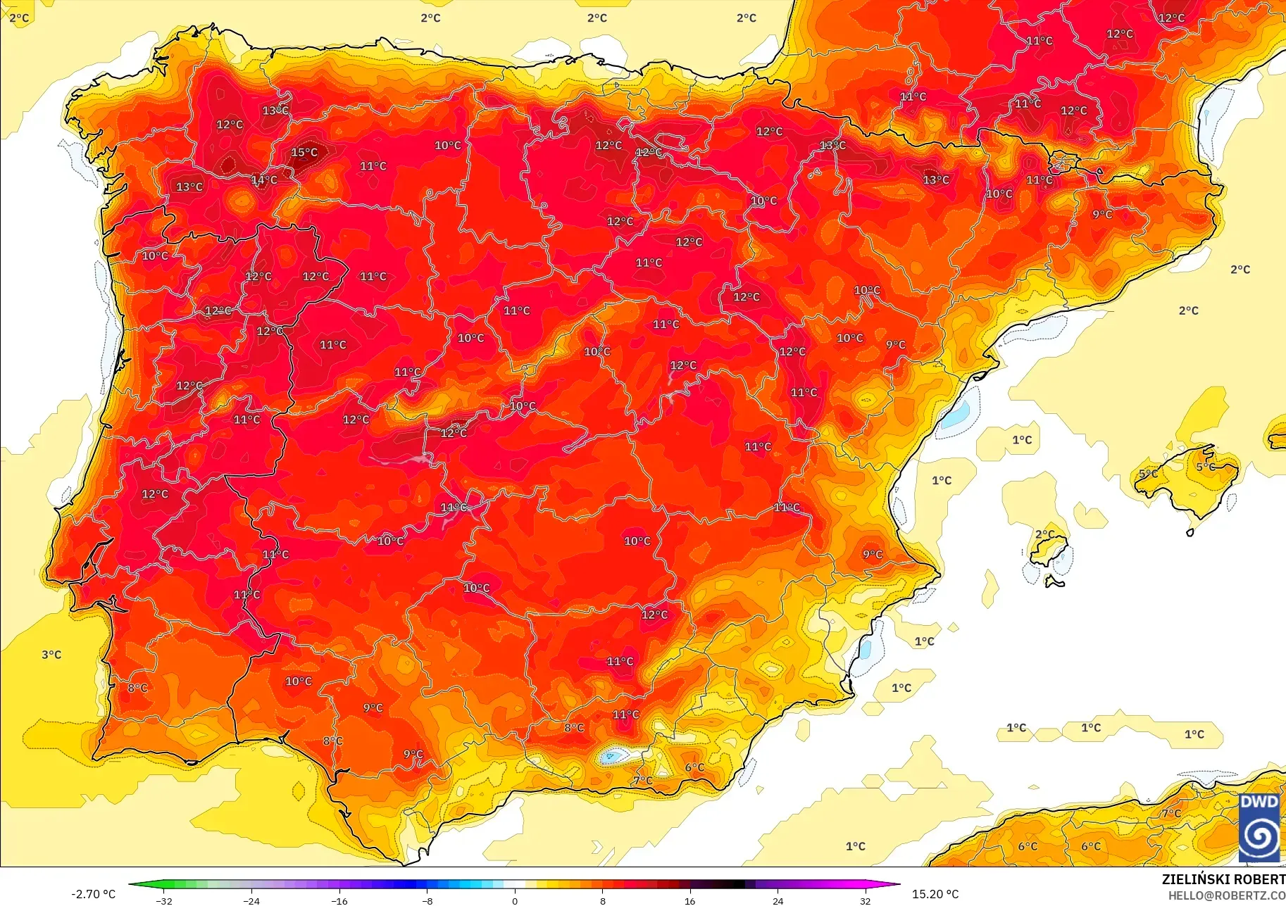 ICON modelo - España, Anomalía de temperatura a 2 m