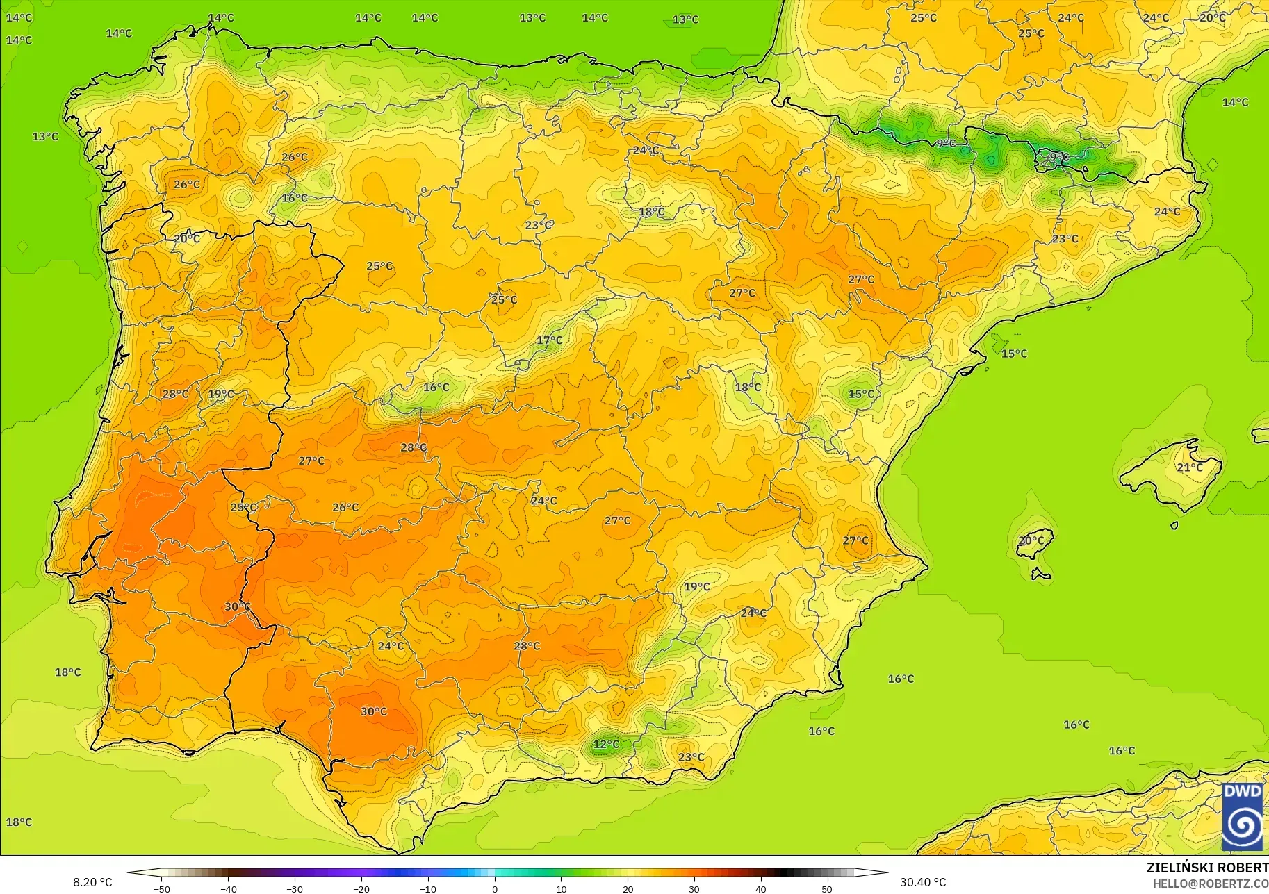 ICON modelo - España, Temperatura a 2 m