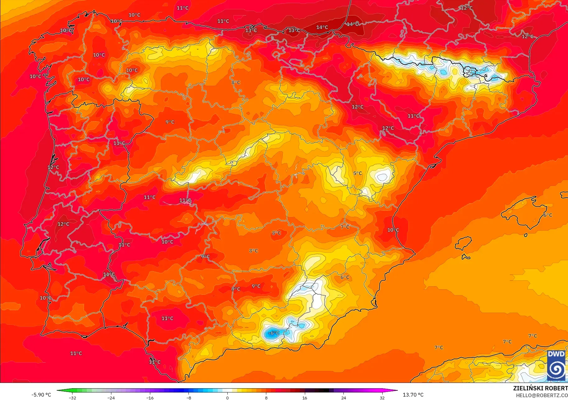 ICON modelo - España, Anomalía de temperatura a 850 hPa