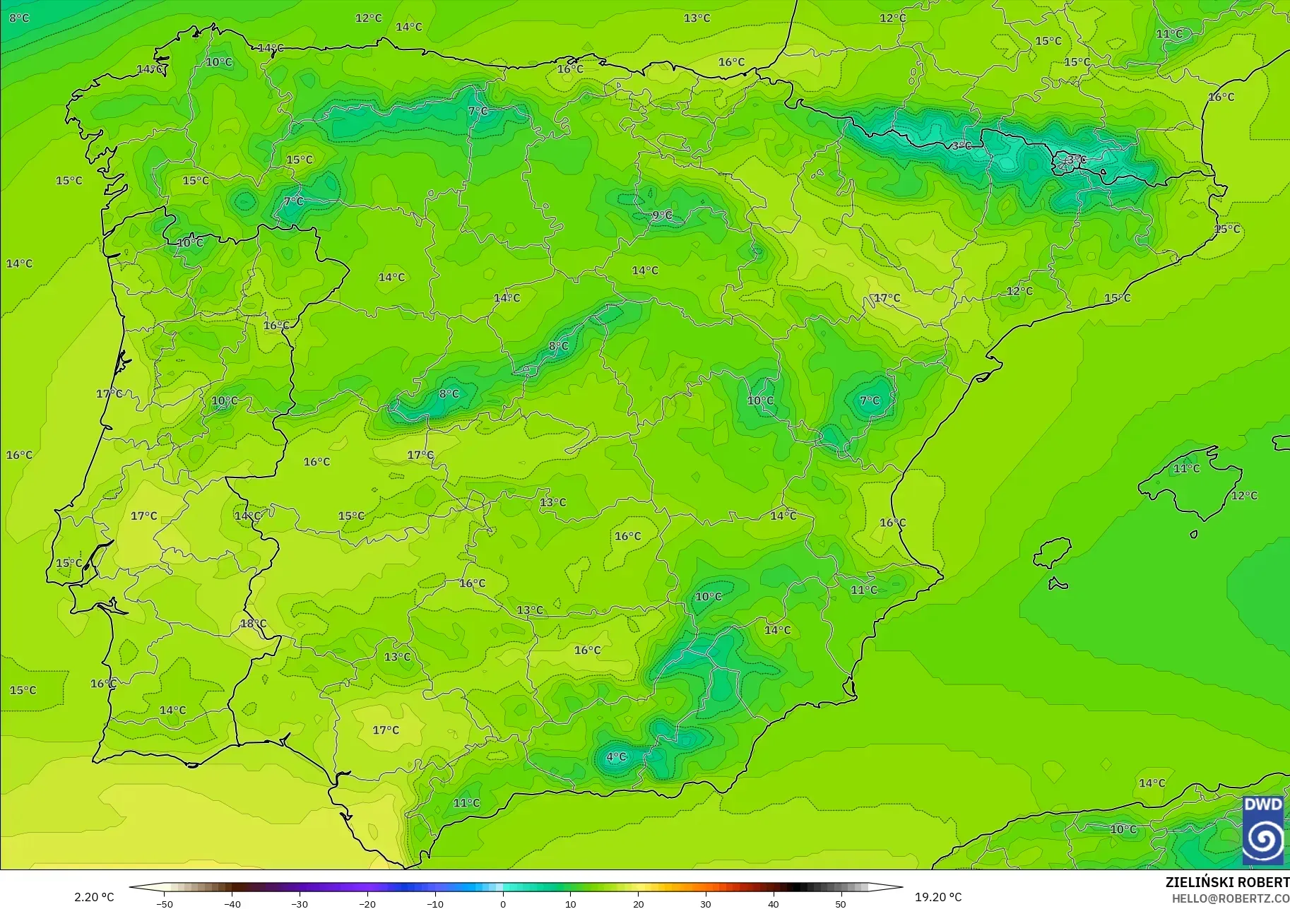 ICON modelo - España, Temperatura a 850 hPa