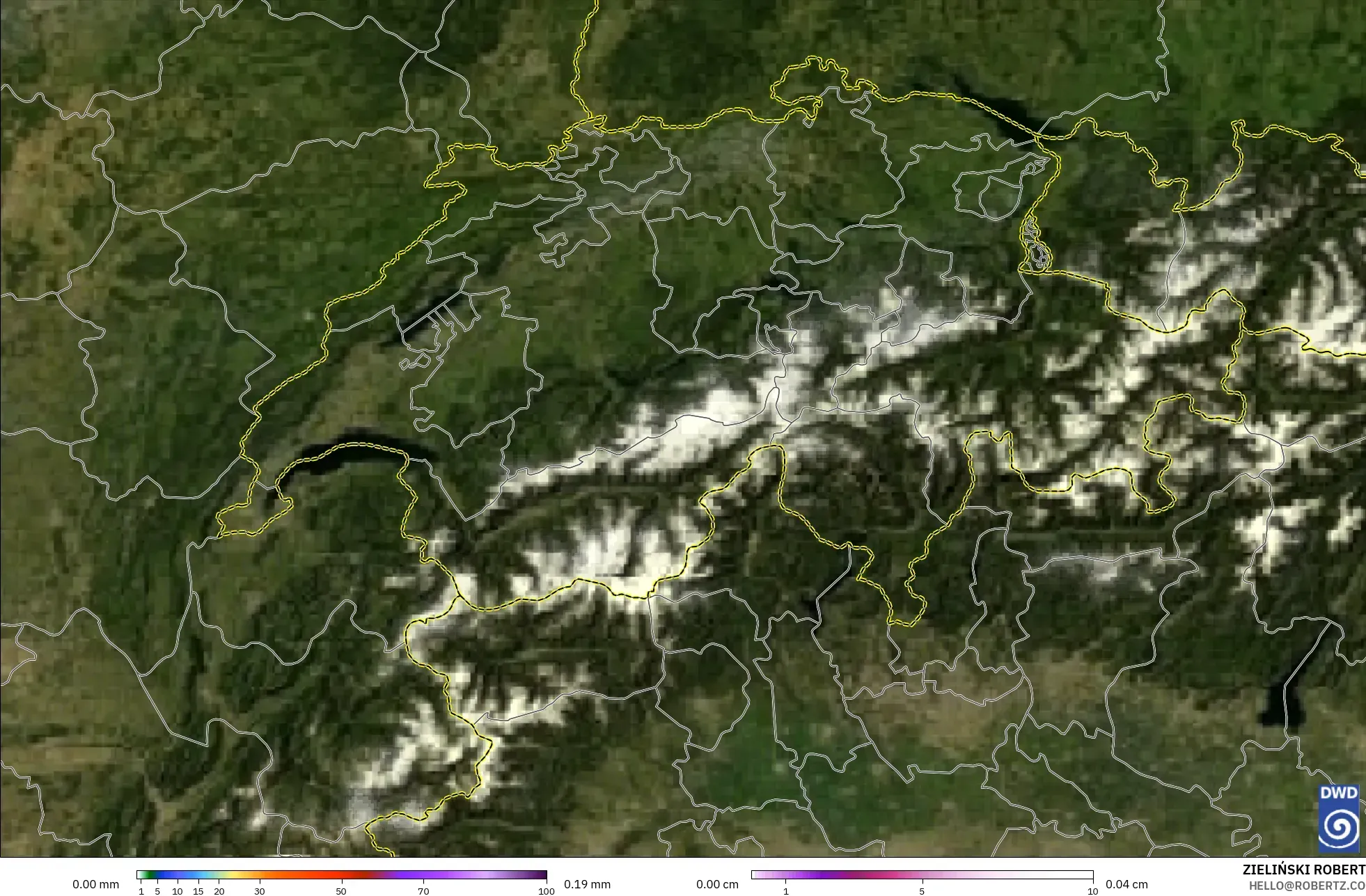 ICON modelo - Suiza, Precipitación, nubes y presión