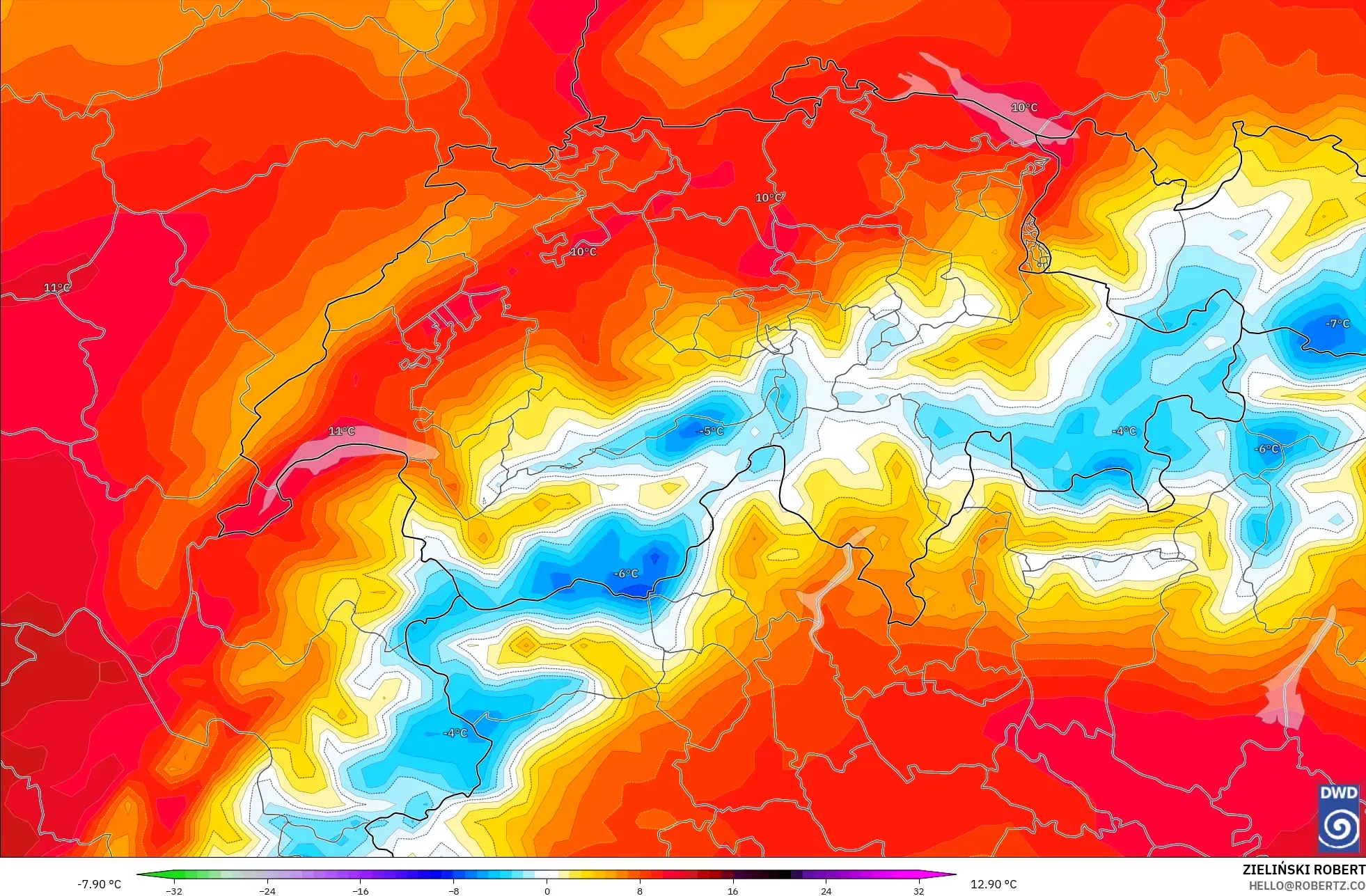 ICON modelo - Suiza, Anomalía de temperatura a 850 hPa