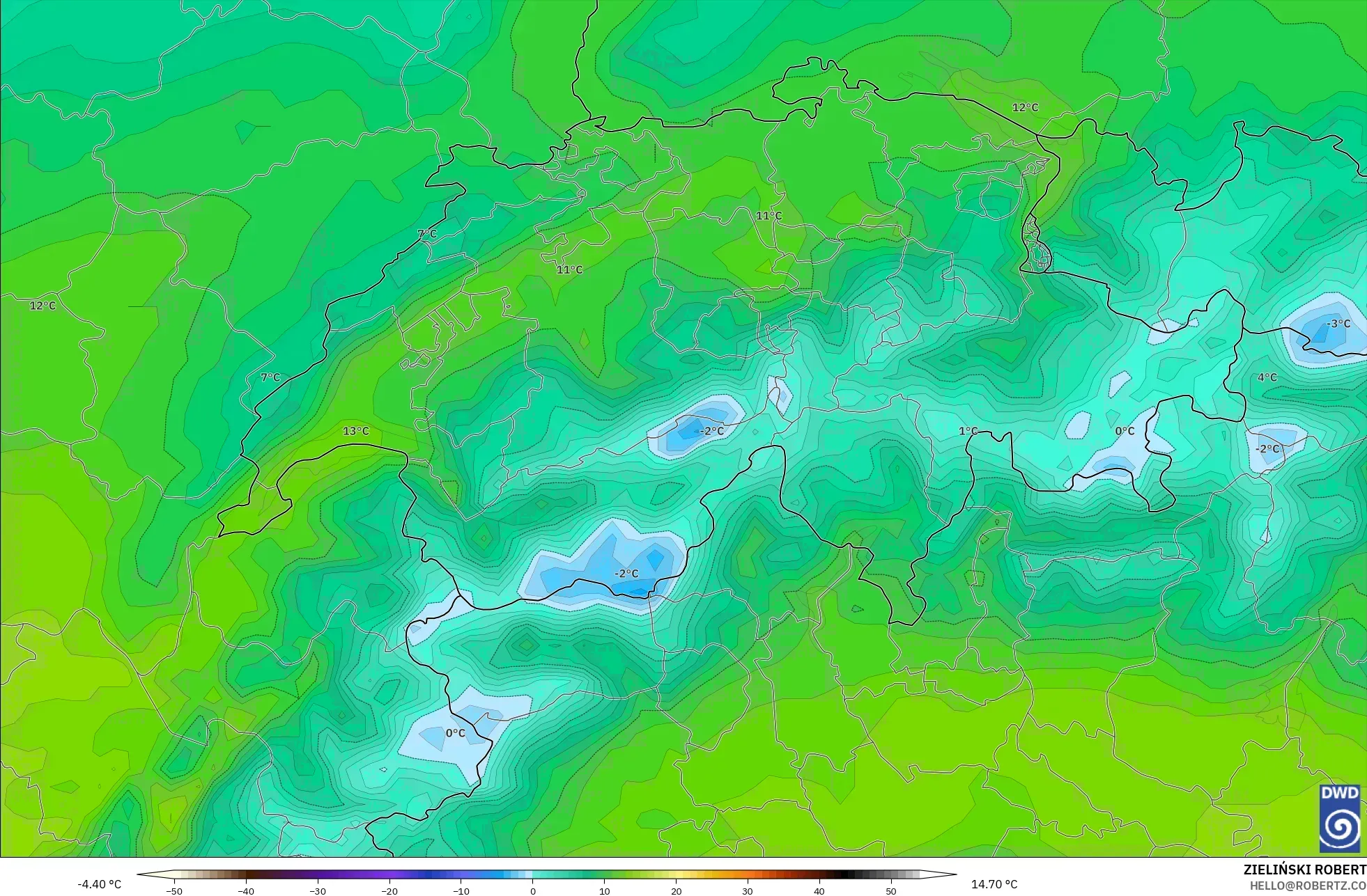 ICON modelo - Suiza, Temperatura a 850 hPa