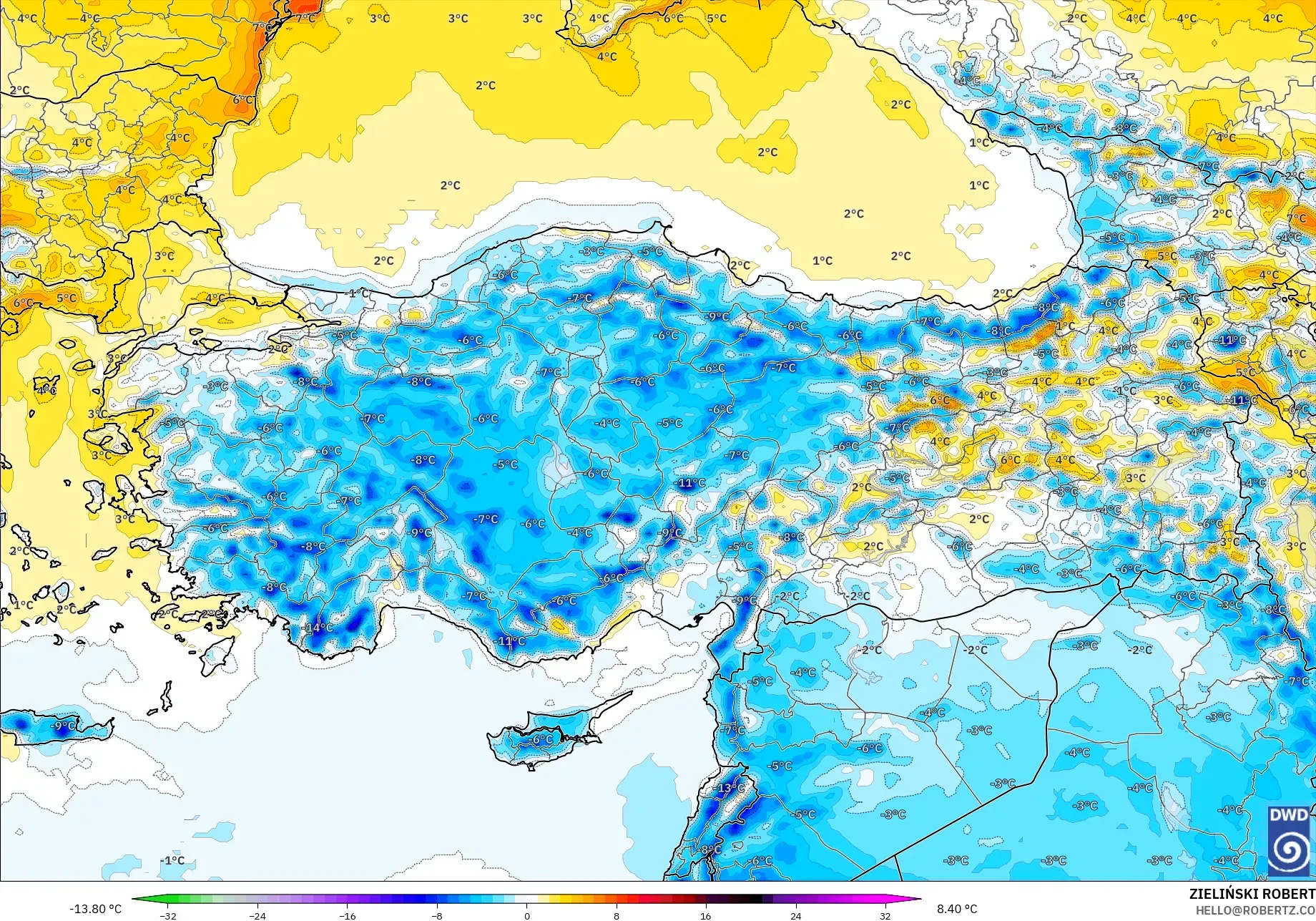 ICON modelo - Turquía, Anomalía de temperatura a 2 m