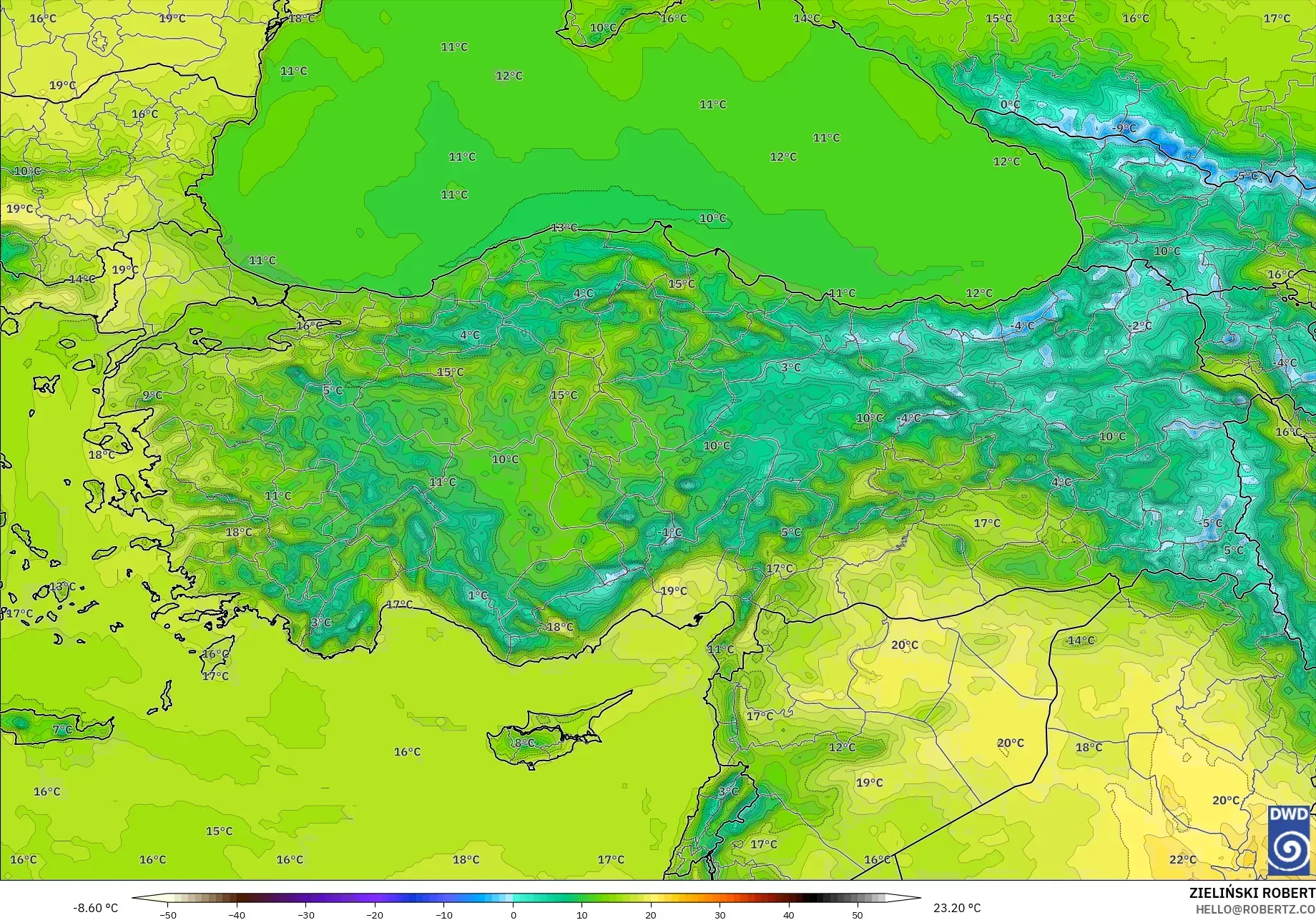 ICON modelo - Turquía, Temperatura a 2 m