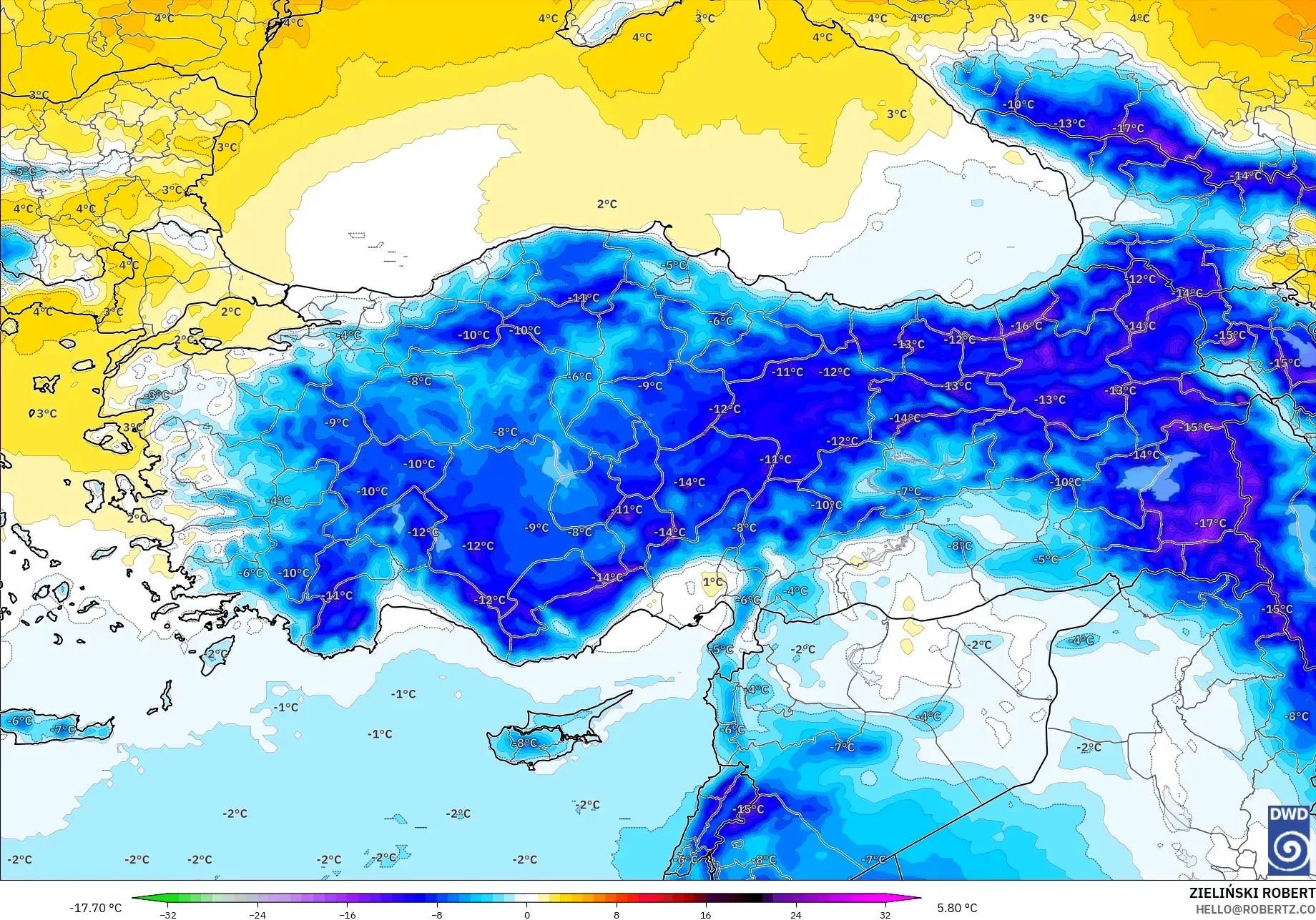 ICON modelo - Turquía, Anomalía de temperatura a 850 hPa