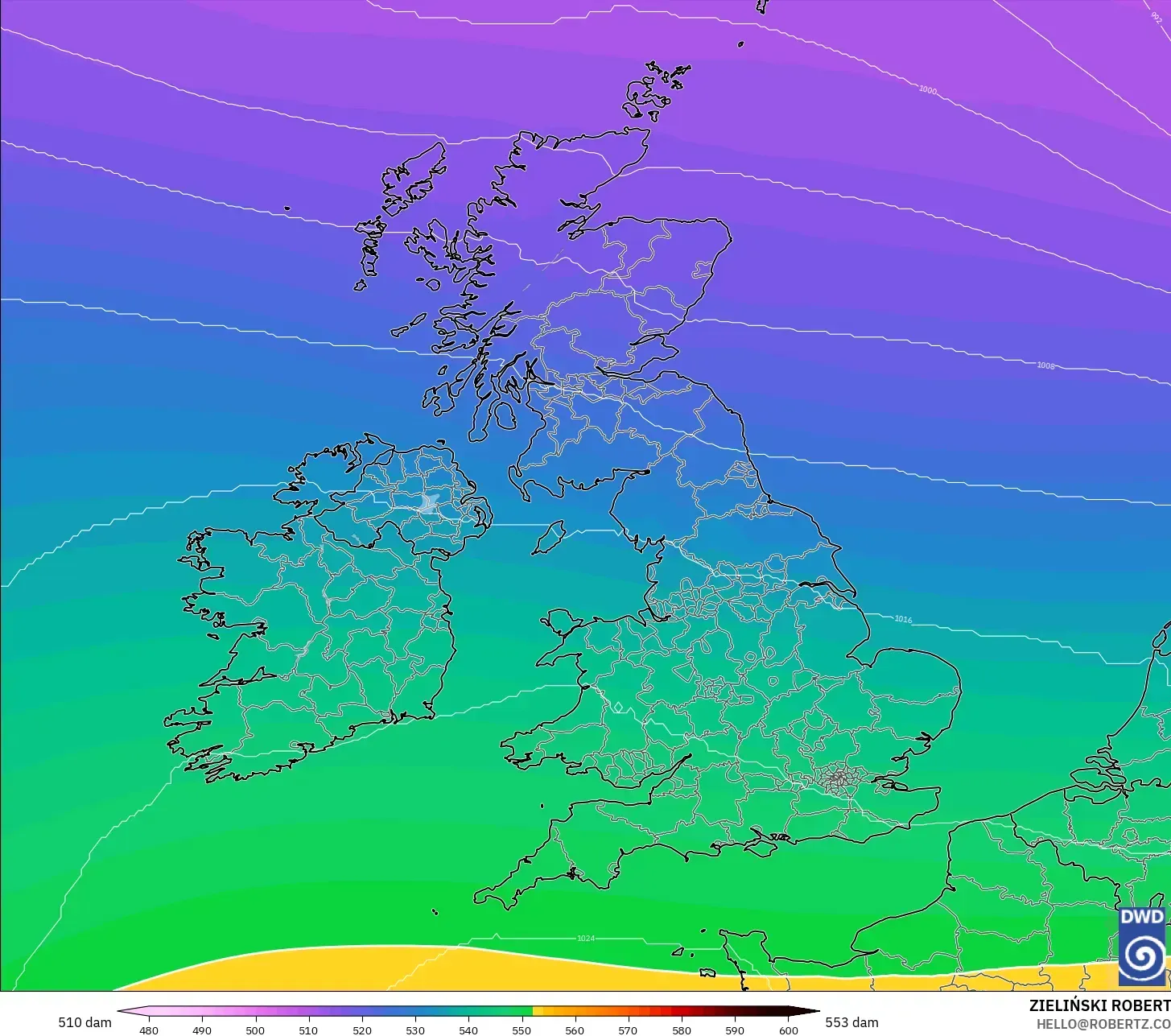 ICON modelo - Reino Unido, Altura geopotencial a 500 hPa