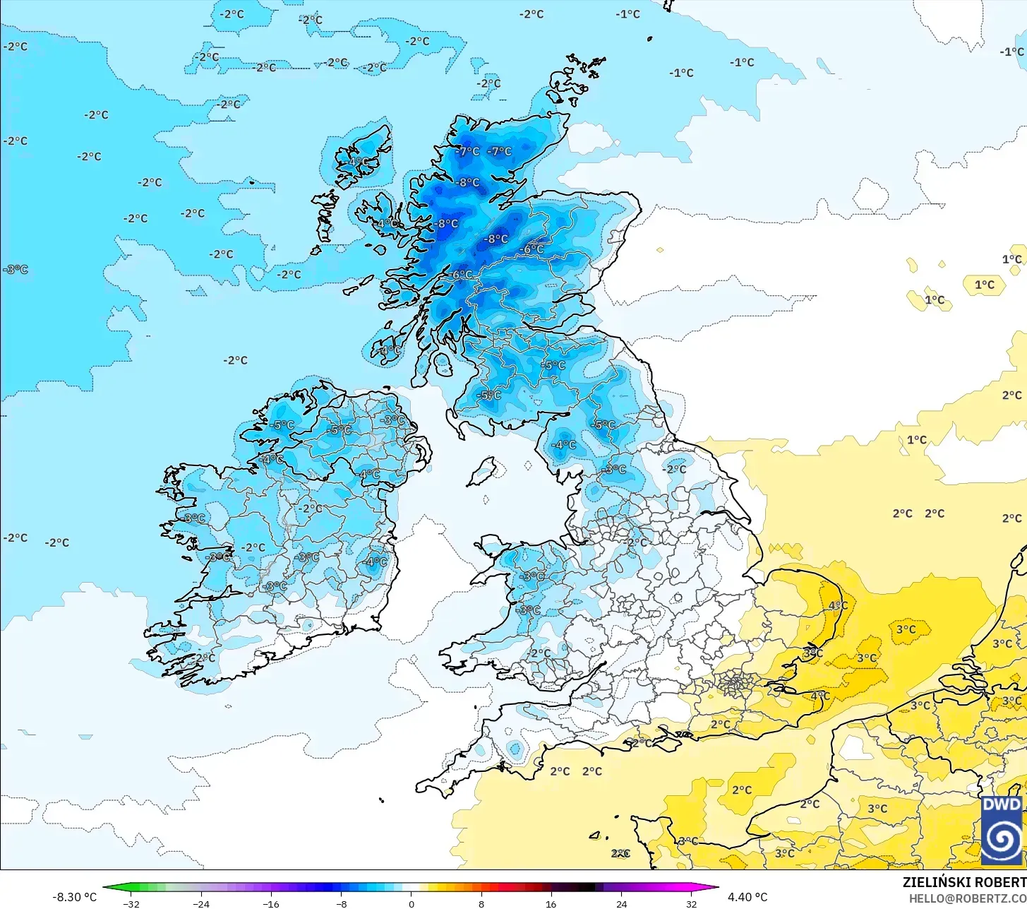 ICON modelo - Reino Unido, Anomalía de temperatura a 2 m