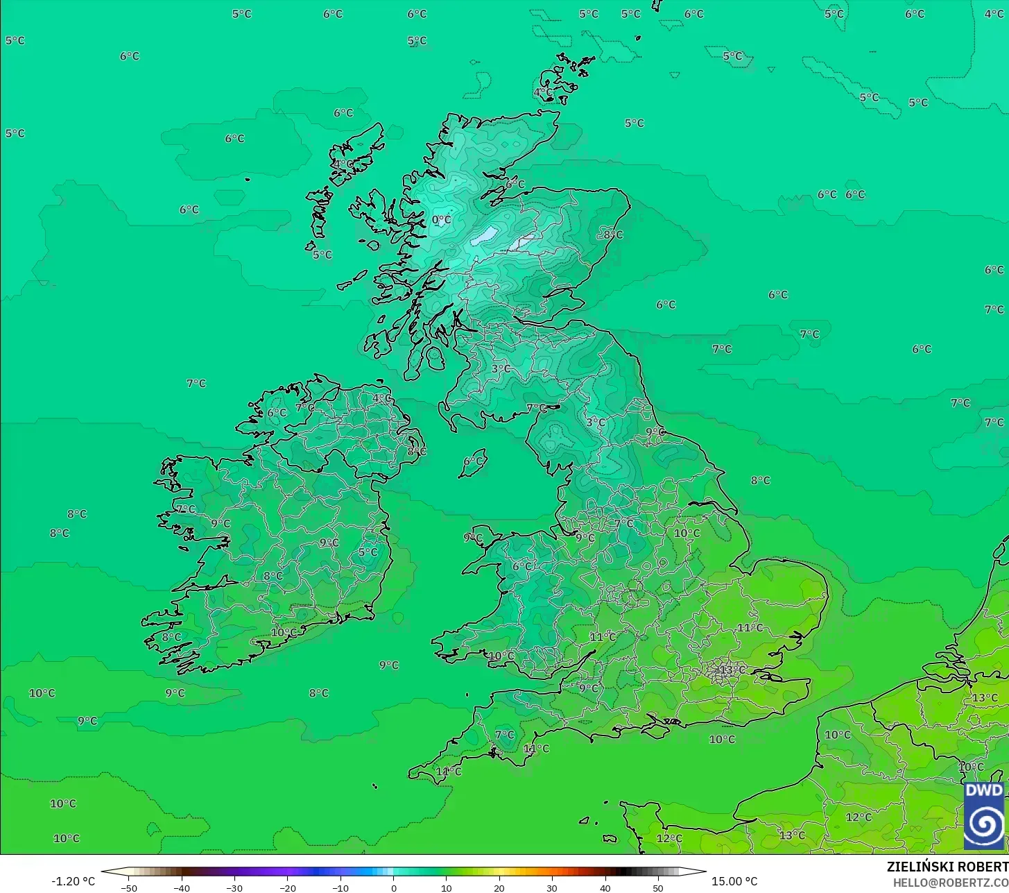 ICON modelo - Reino Unido, Temperatura a 2 m