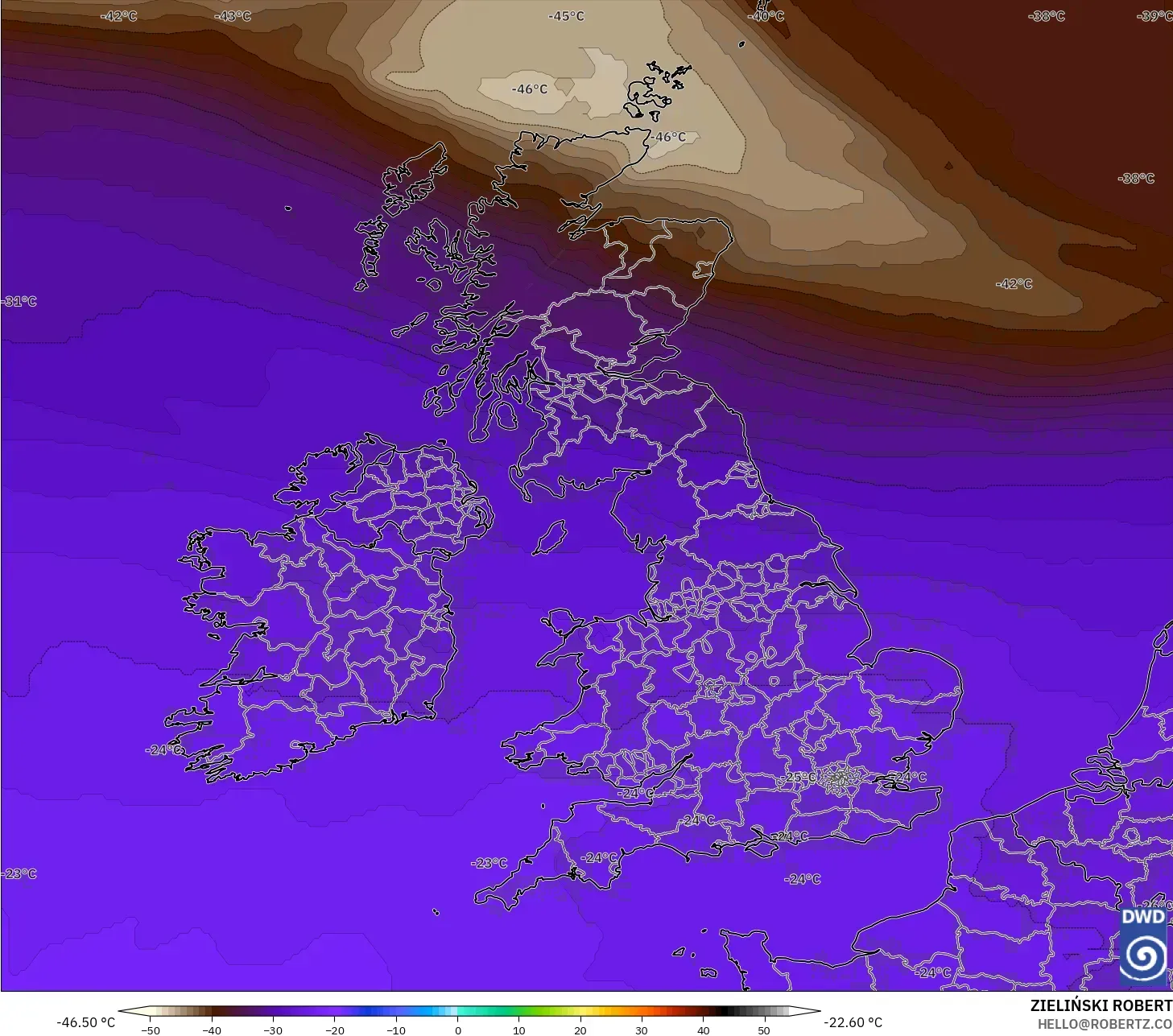 ICON modelo - Reino Unido, Temperatura a 500 hPa