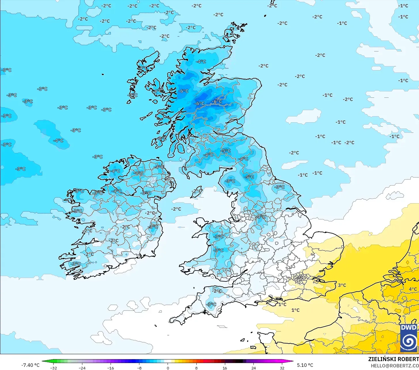 ICON modelo - Reino Unido, Anomalía de temperatura a 850 hPa