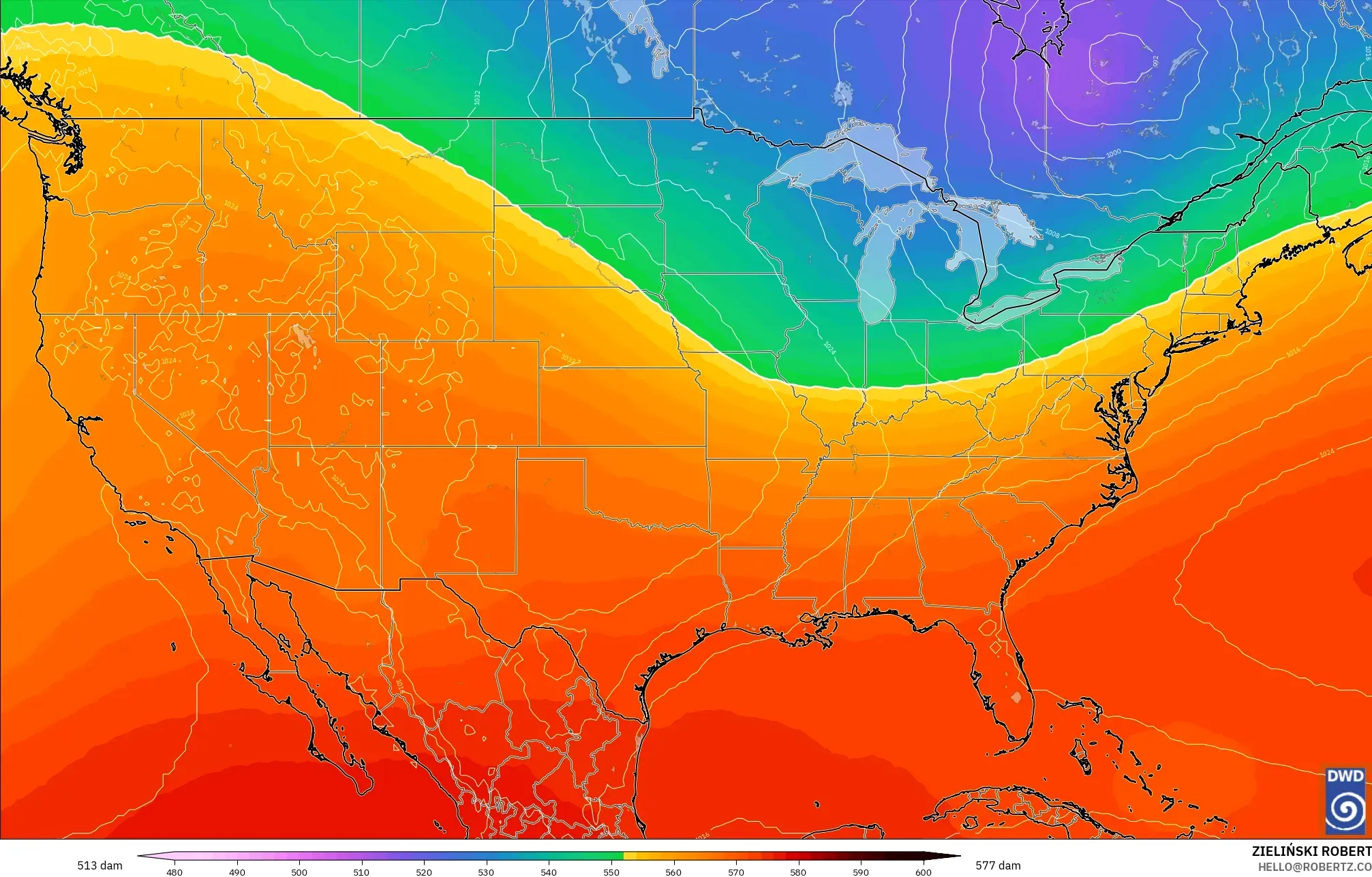 ICON modelo - Estados Unidos, Altura geopotencial a 500 hPa