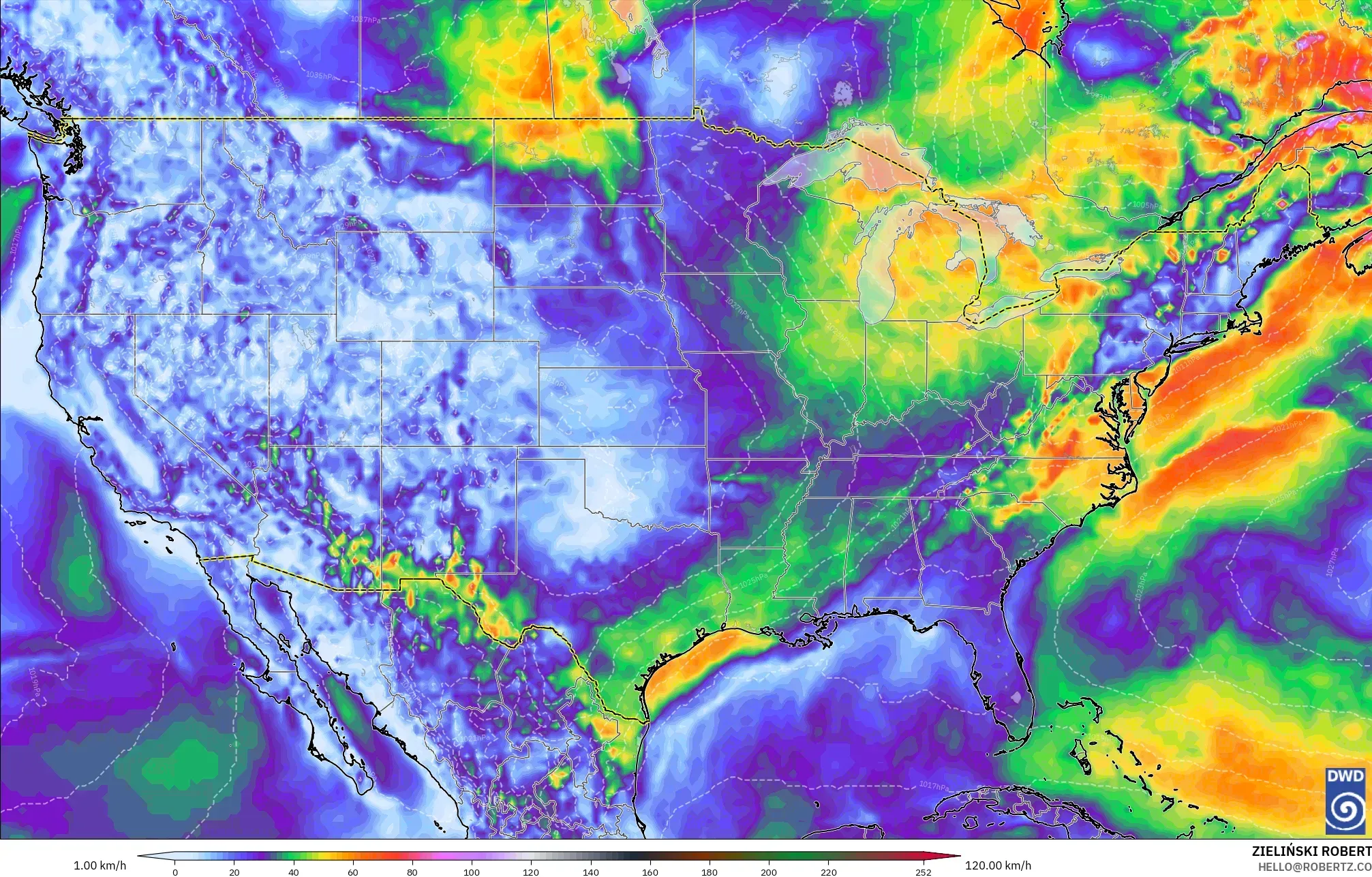 ICON modelo - Estados Unidos, Ráfagas de viento