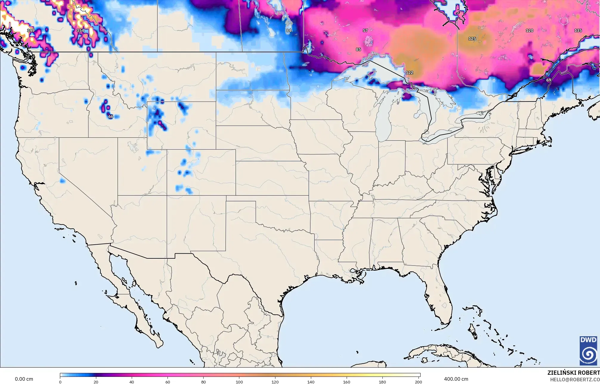 ICON modelo - Estados Unidos, Profundidad de nieve