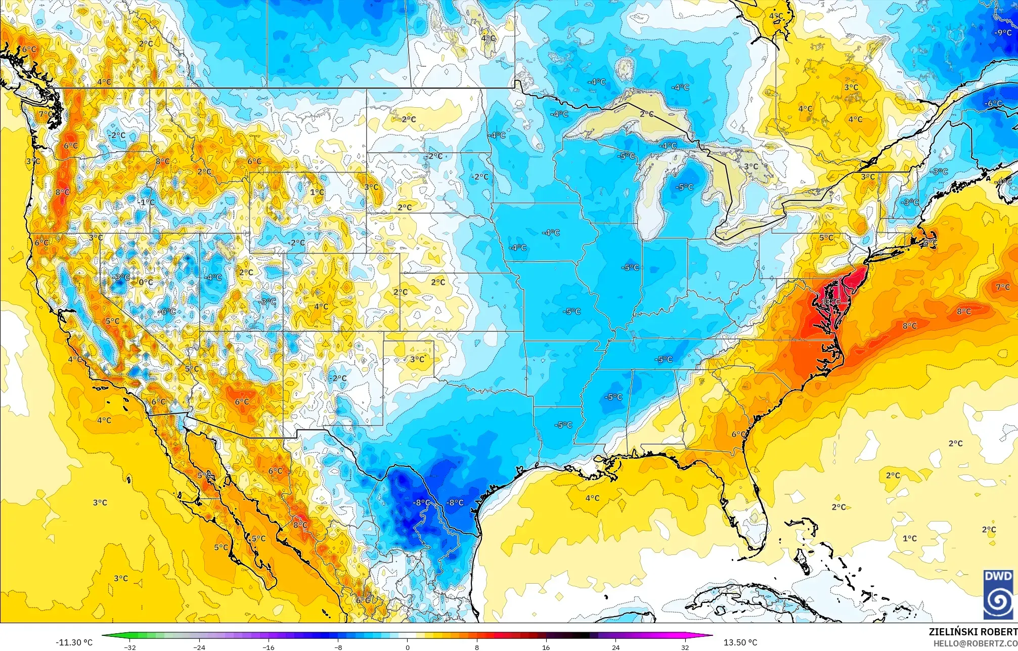 ICON modelo - Estados Unidos, Anomalía de temperatura a 2 m